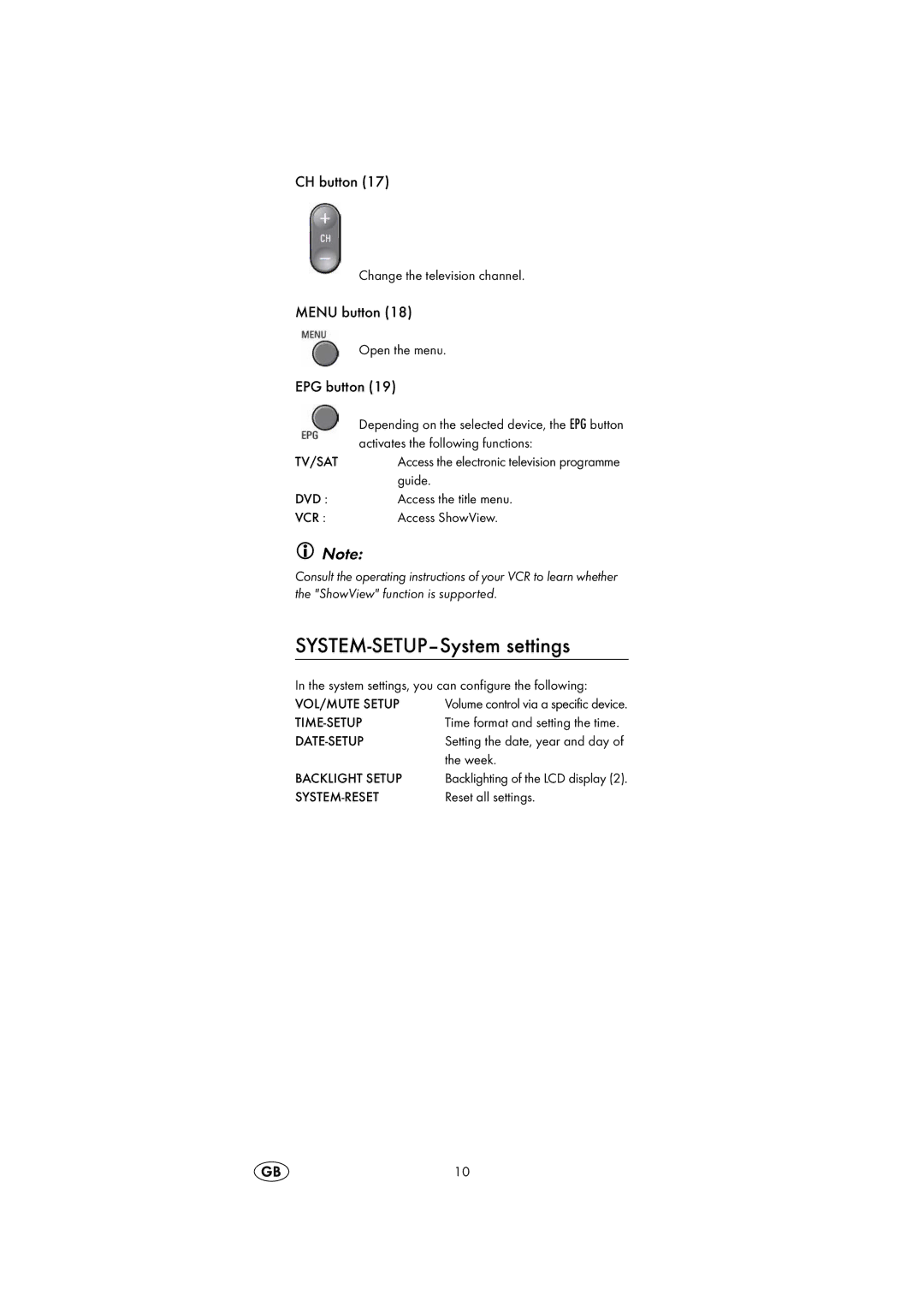 Silvercrest KH2150 operating instructions SYSTEM-SETUP-System settings, CH button, Menu button, EPG button 