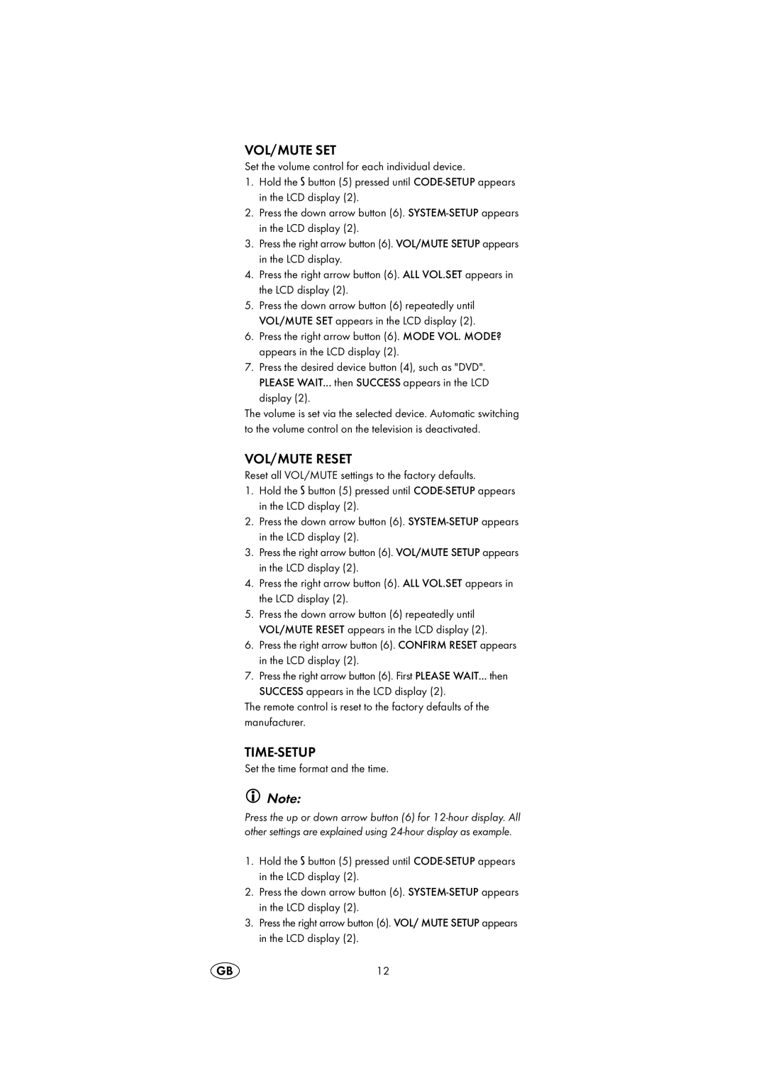 Silvercrest KH2150 operating instructions Vol/Mute Set, VOL/MUTE Reset, Time-Setup 