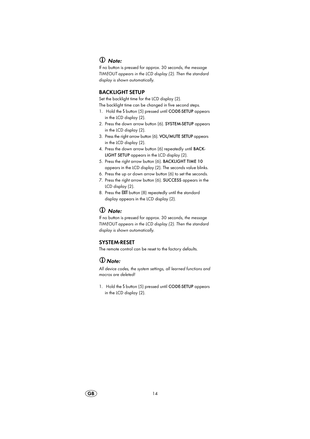 Silvercrest KH2150 operating instructions Backlight Setup, System-Reset 