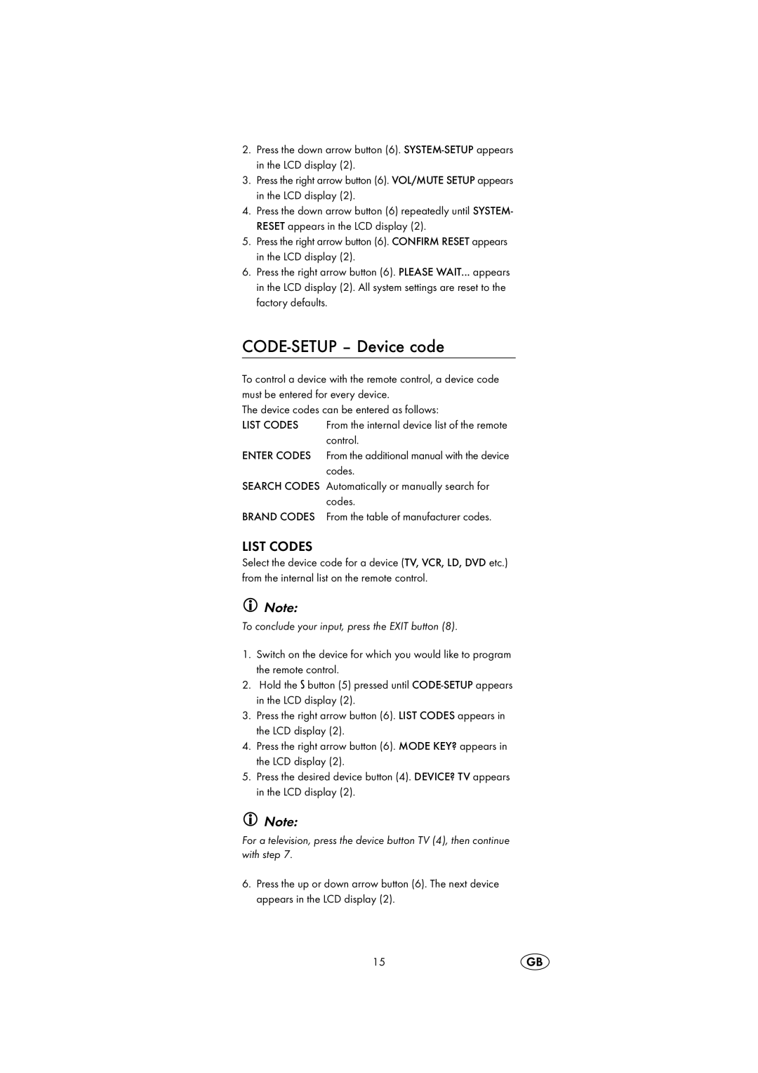 Silvercrest KH2150 operating instructions CODE-SETUP Device code, List Codes 