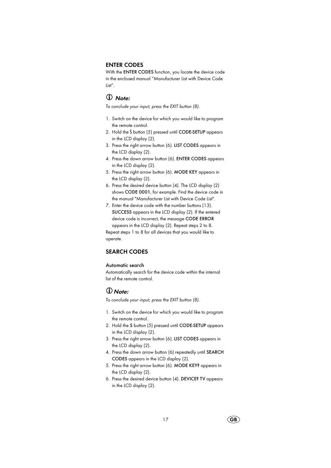 Silvercrest KH2150 operating instructions Enter Codes, Search Codes, Automatic search 