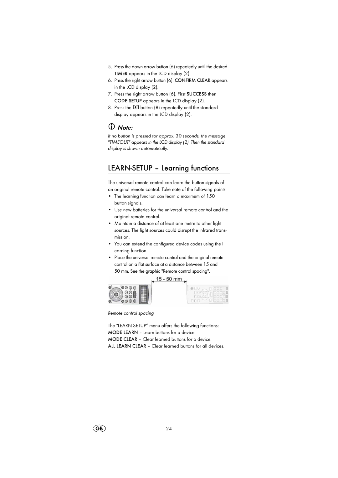 Silvercrest KH2150 operating instructions LEARN-SETUP Learning functions, Remote control spacing 