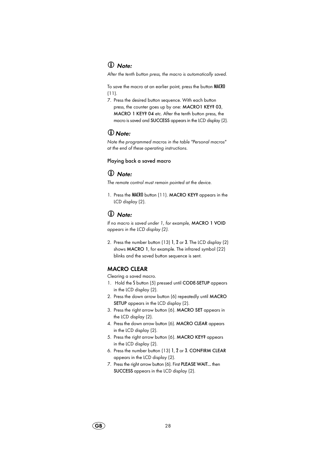 Silvercrest KH2150 operating instructions Macro Clear, Playing back a saved macro 