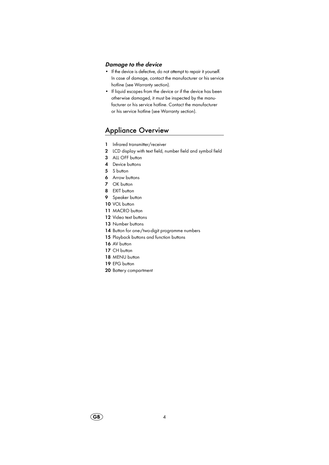 Silvercrest KH2150 operating instructions Appliance Overview, Damage to the device 