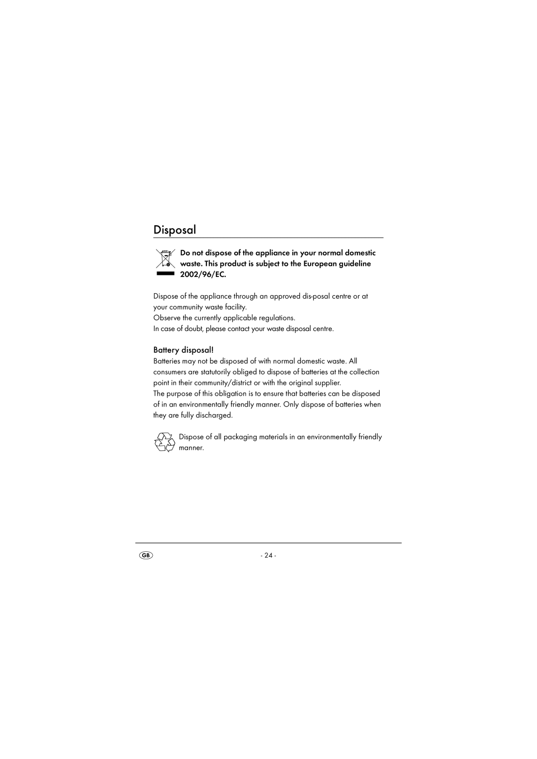 Silvercrest KH2217 operating instructions Disposal, Battery disposal 