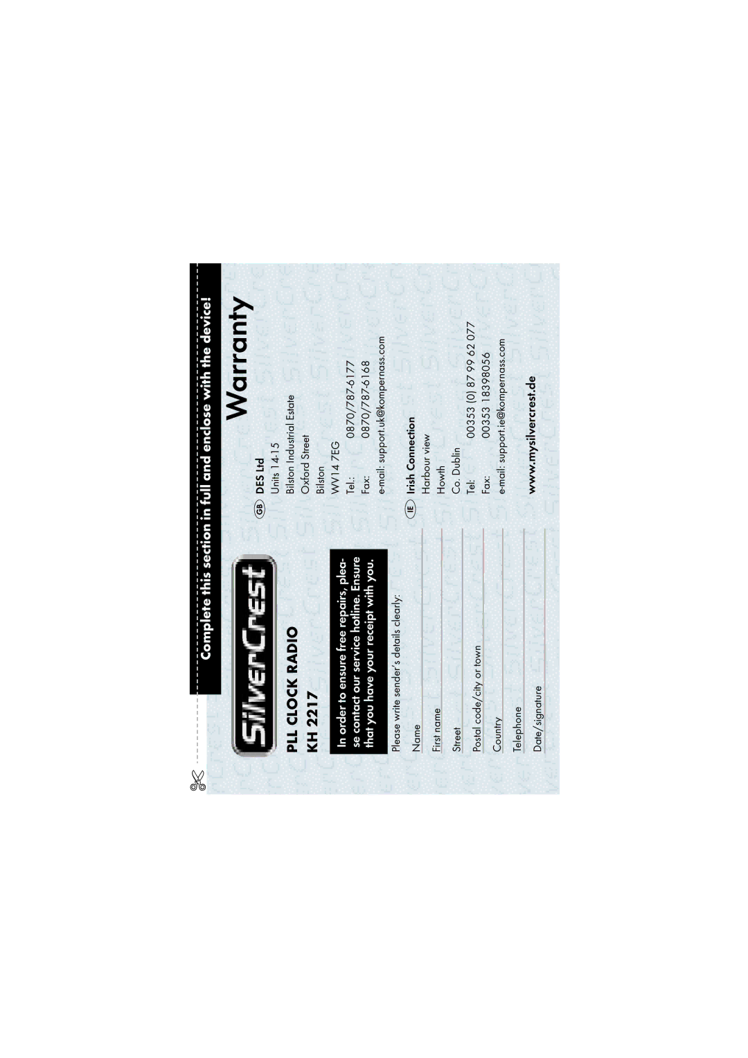 Silvercrest KH2217 operating instructions Tel 00353, Fax 00353 18398056 Mail support.ie@kompernass.com 