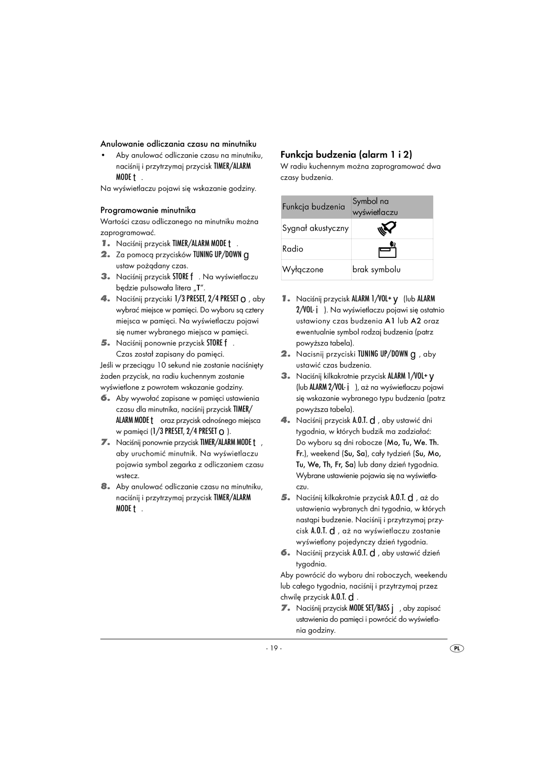 Silvercrest KH2281-07, KH2281-08-V1 operating instructions Funkcja budzenia alarm 1 i 