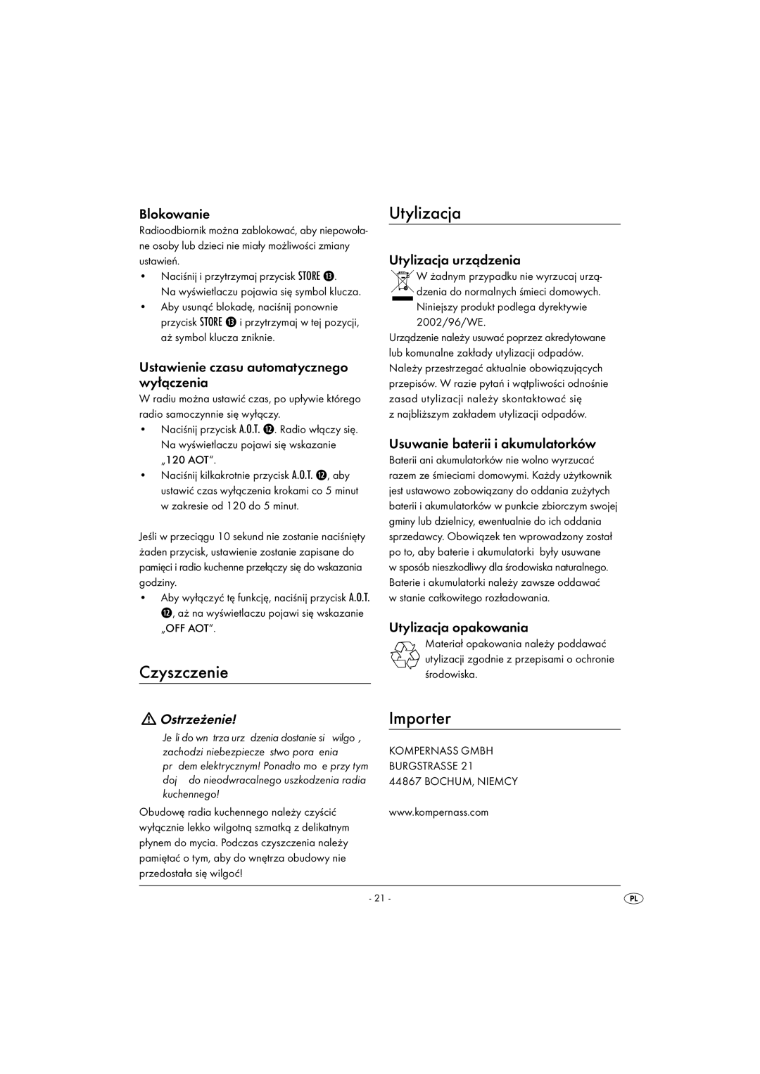 Silvercrest KH2281-07, KH2281-08-V1 operating instructions Czyszczenie, Utylizacja, Ostrzeżenie 