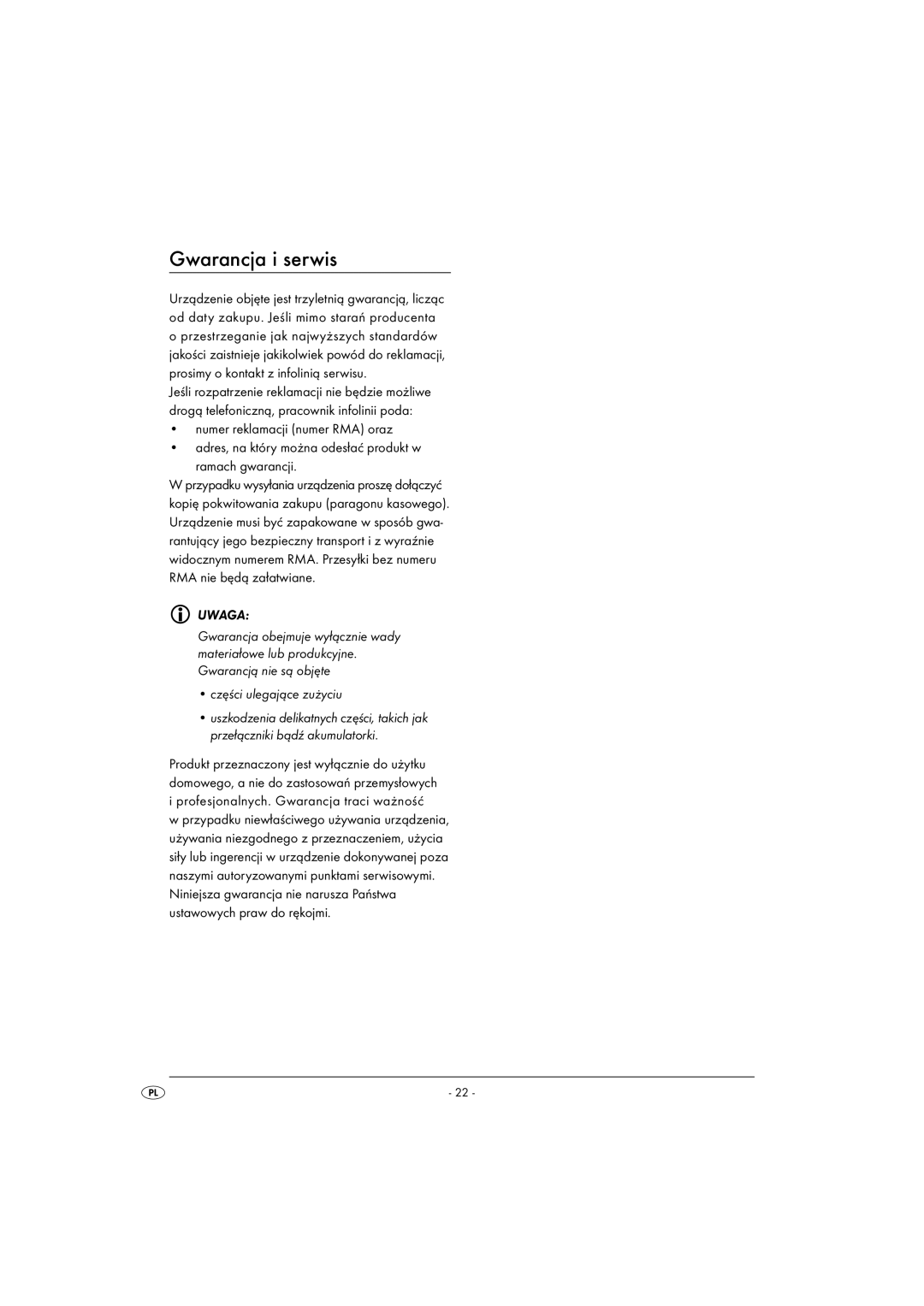 Silvercrest KH2281-08-V1, KH2281-07 operating instructions Gwarancja i serwis, Uwaga 