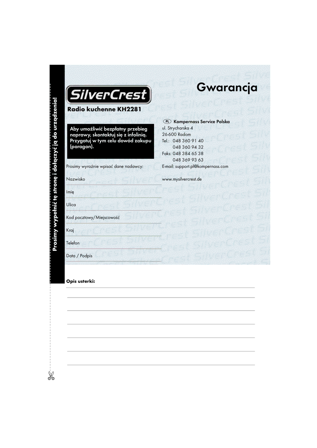 Silvercrest KH2281-07, KH2281-08-V1 operating instructions Gwarancja, Radio kuchenne KH2281 