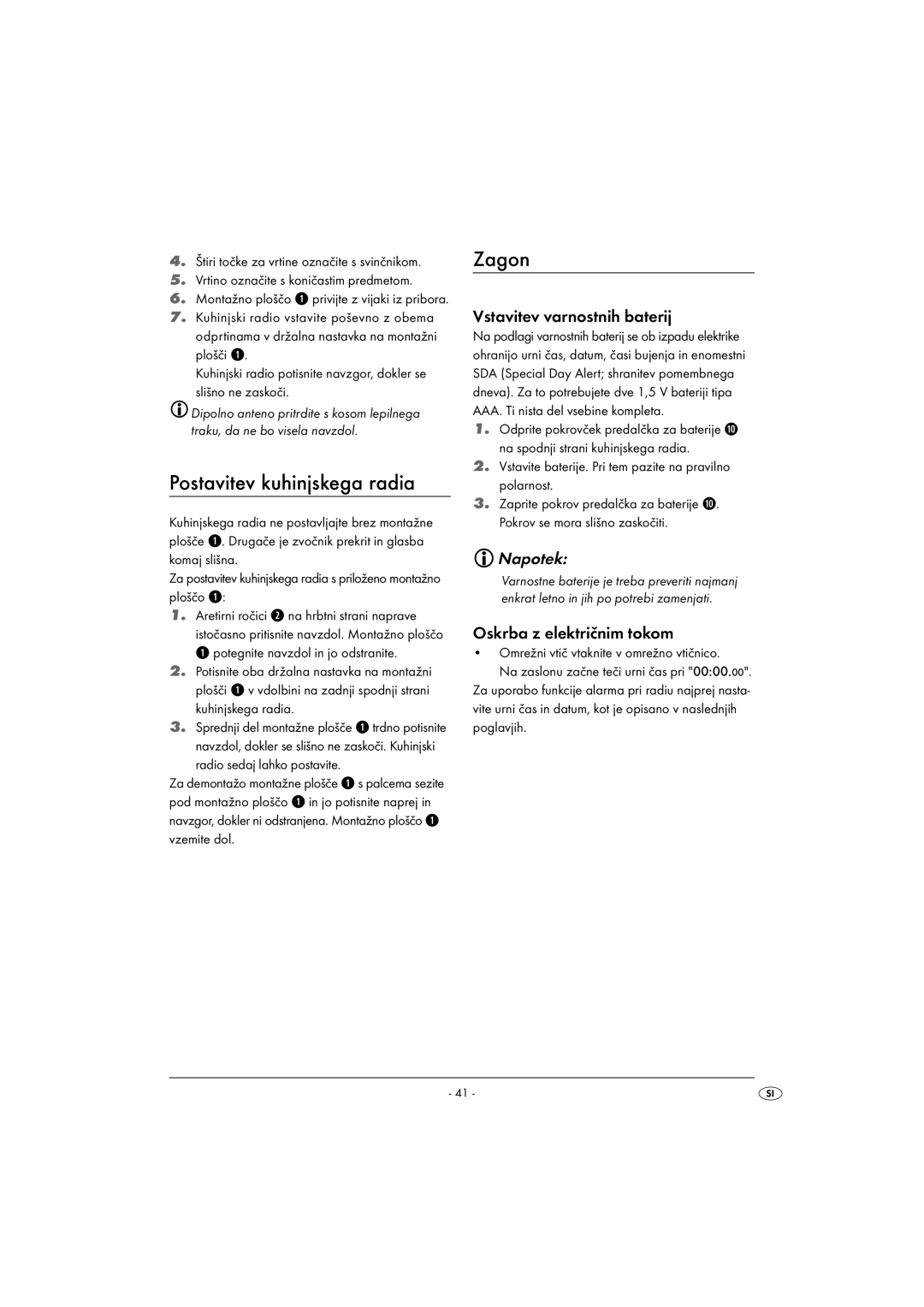 Silvercrest KH2281-07 Postavitev kuhinjskega radia, Zagon, Vstavitev varnostnih baterij, Oskrba z električnim tokom 