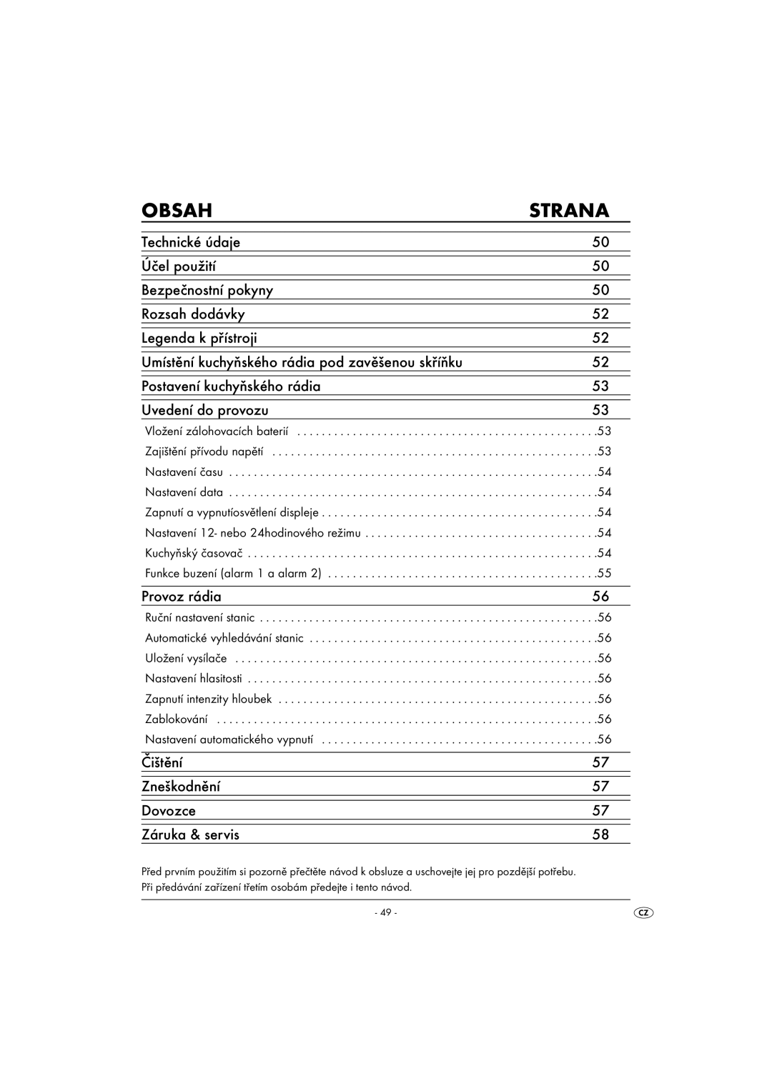 Silvercrest KH2281-07, KH2281-08-V1 Obsah Strana, Provoz rádia, Čištění Zneškodnění Dovozce Záruka & servis 