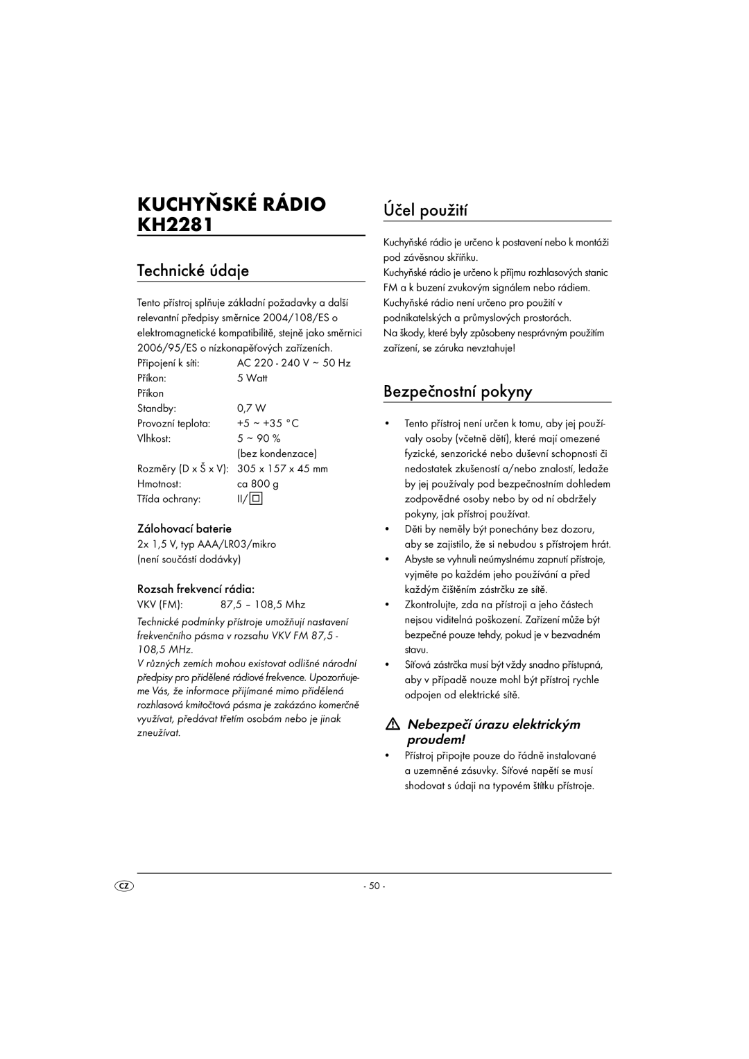 Silvercrest KH2281-08-V1, KH2281-07 Kuchyňské Rádio KH2281, Technické údaje, Účel použití, Bezpečnostní pokyny 