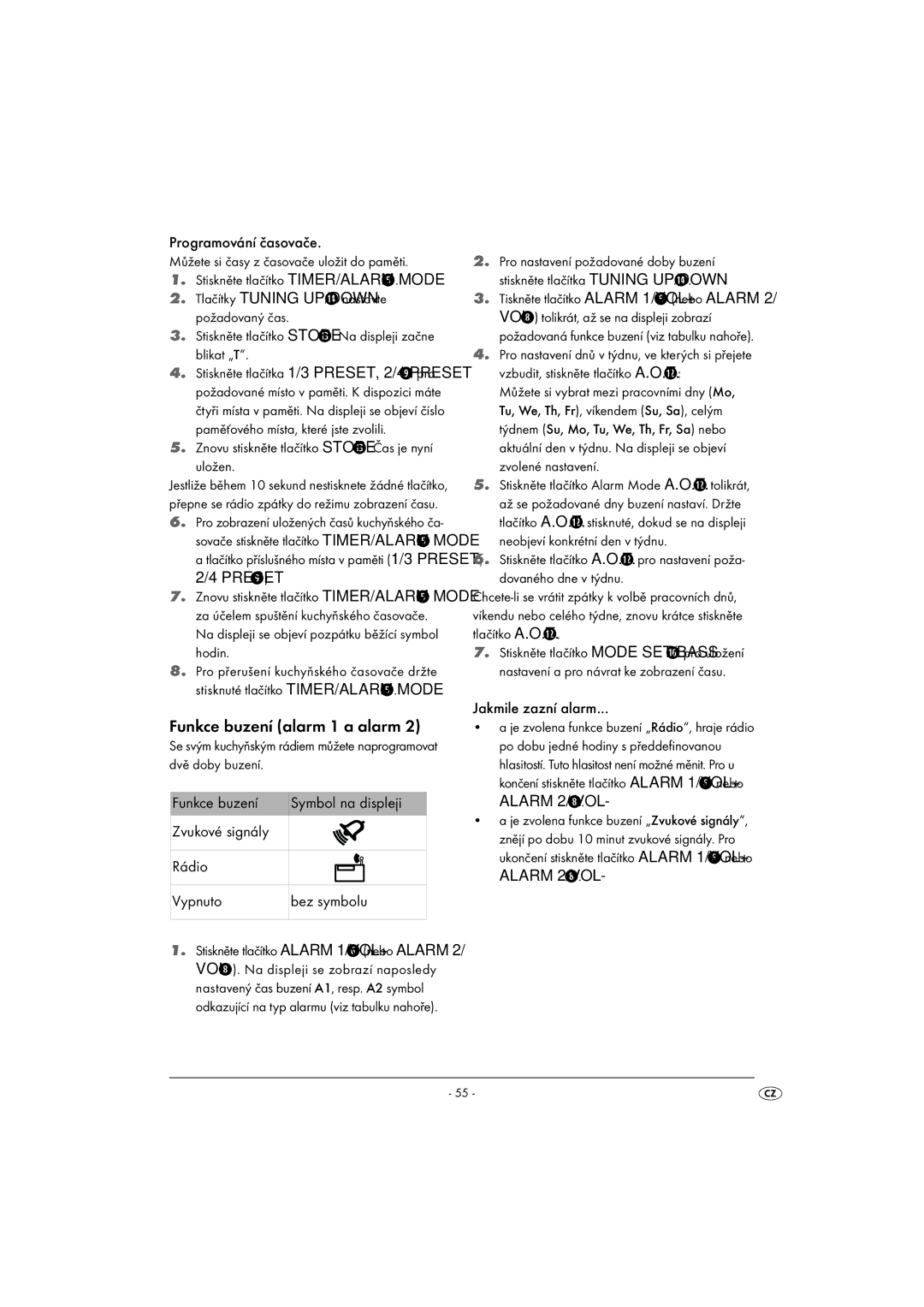 Silvercrest KH2281-07, KH2281-08-V1 operating instructions Funkce buzení alarm 1 a alarm 