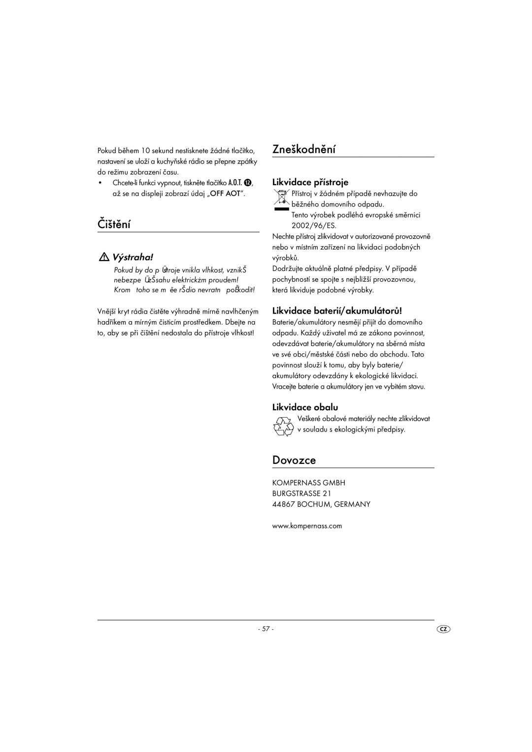 Silvercrest KH2281-07, KH2281-08-V1 operating instructions Čištění, Zneškodnění, Dovozce, Výstraha 