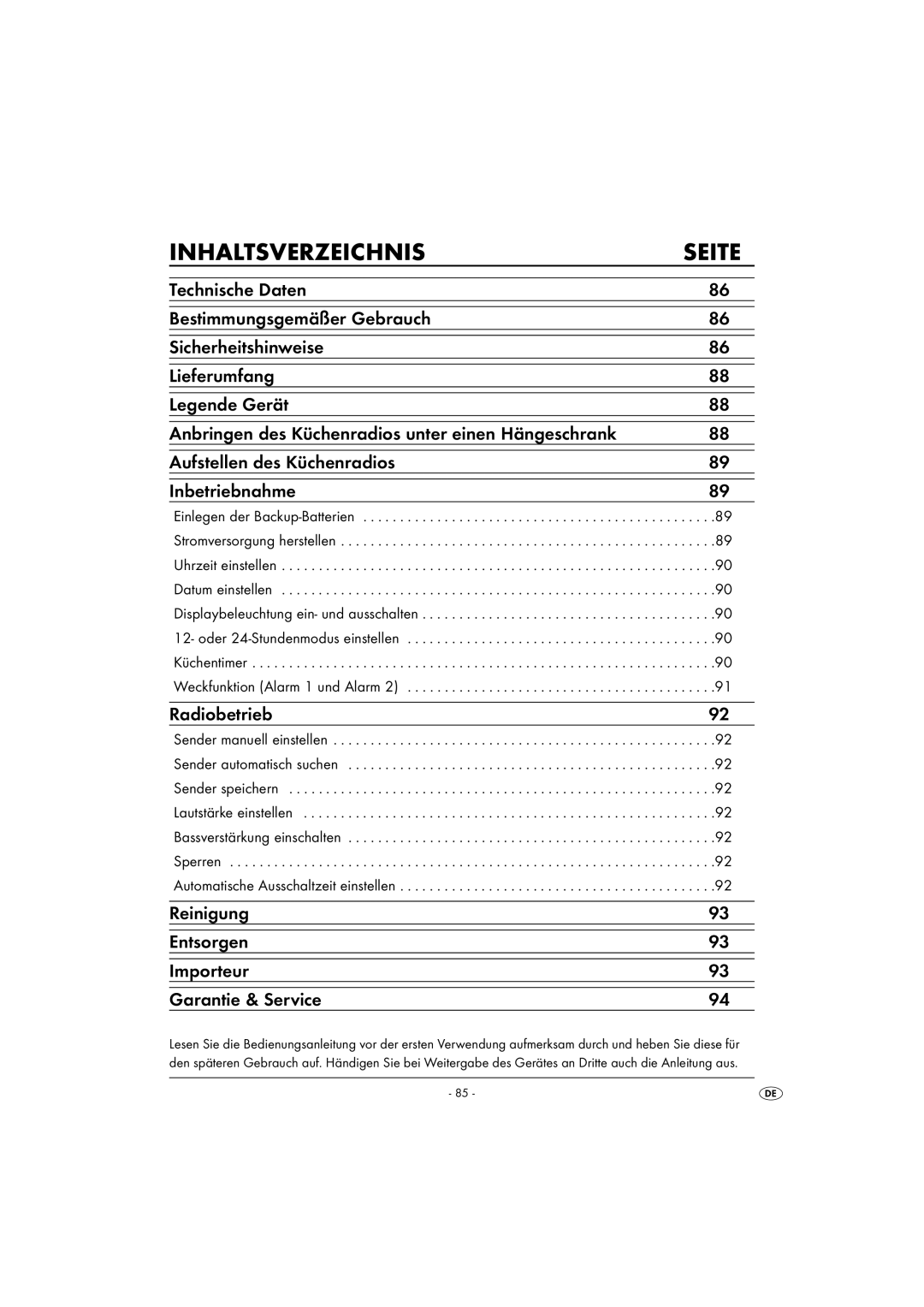 Silvercrest KH2281-07 Inhaltsverzeichnis Seite, Radiobetrieb, Reinigung Entsorgen Importeur Garantie & Service 