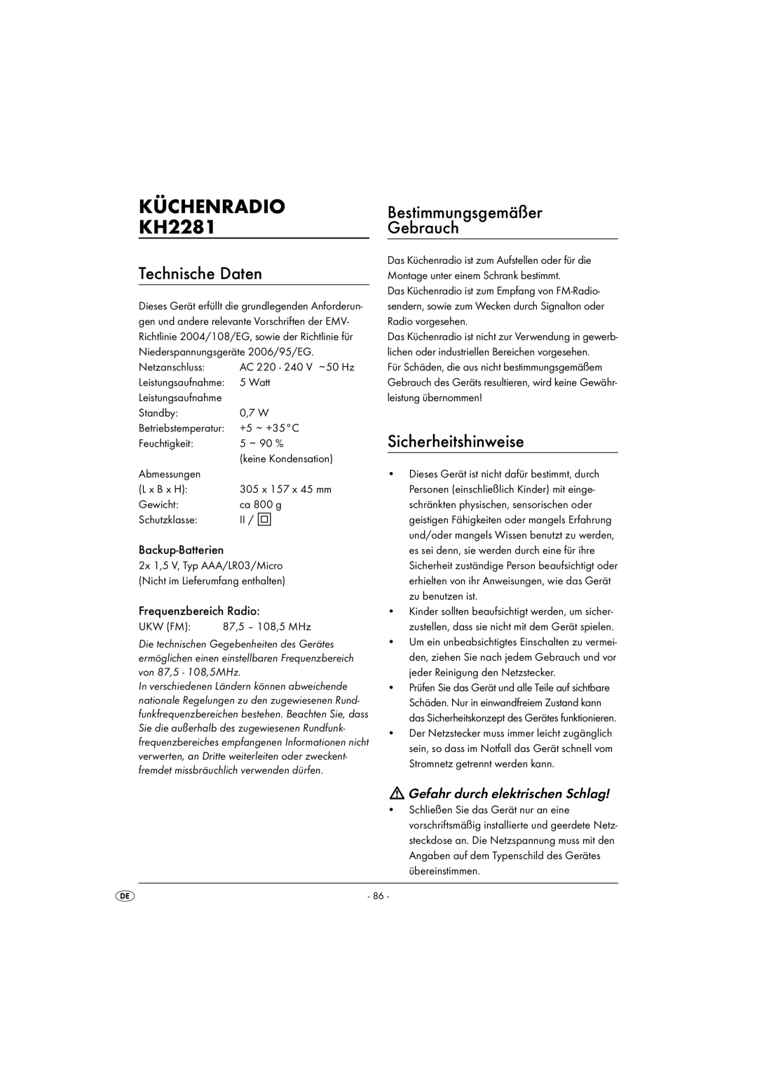 Silvercrest KH2281-08-V1, KH2281-07 Küchenradio, Technische Daten, Bestimmungsgemäßer Gebrauch, Sicherheitshinweise 