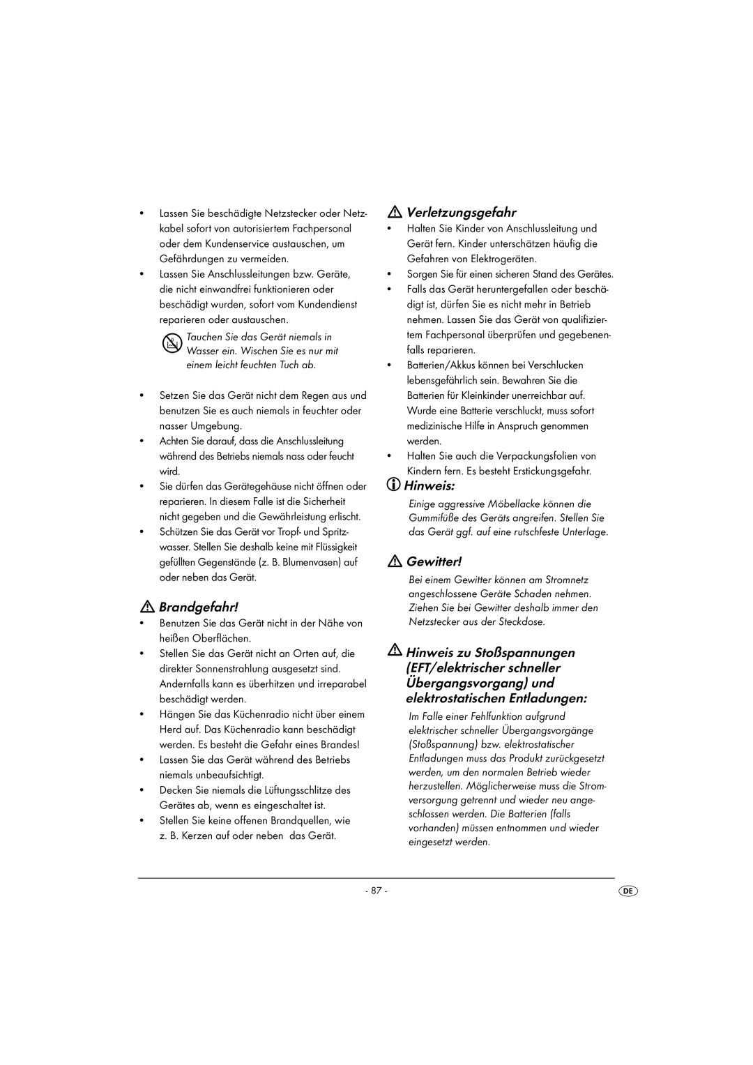 Silvercrest KH2281-07, KH2281-08-V1 operating instructions Brandgefahr, Verletzungsgefahr, Hinweis, Gewitter 