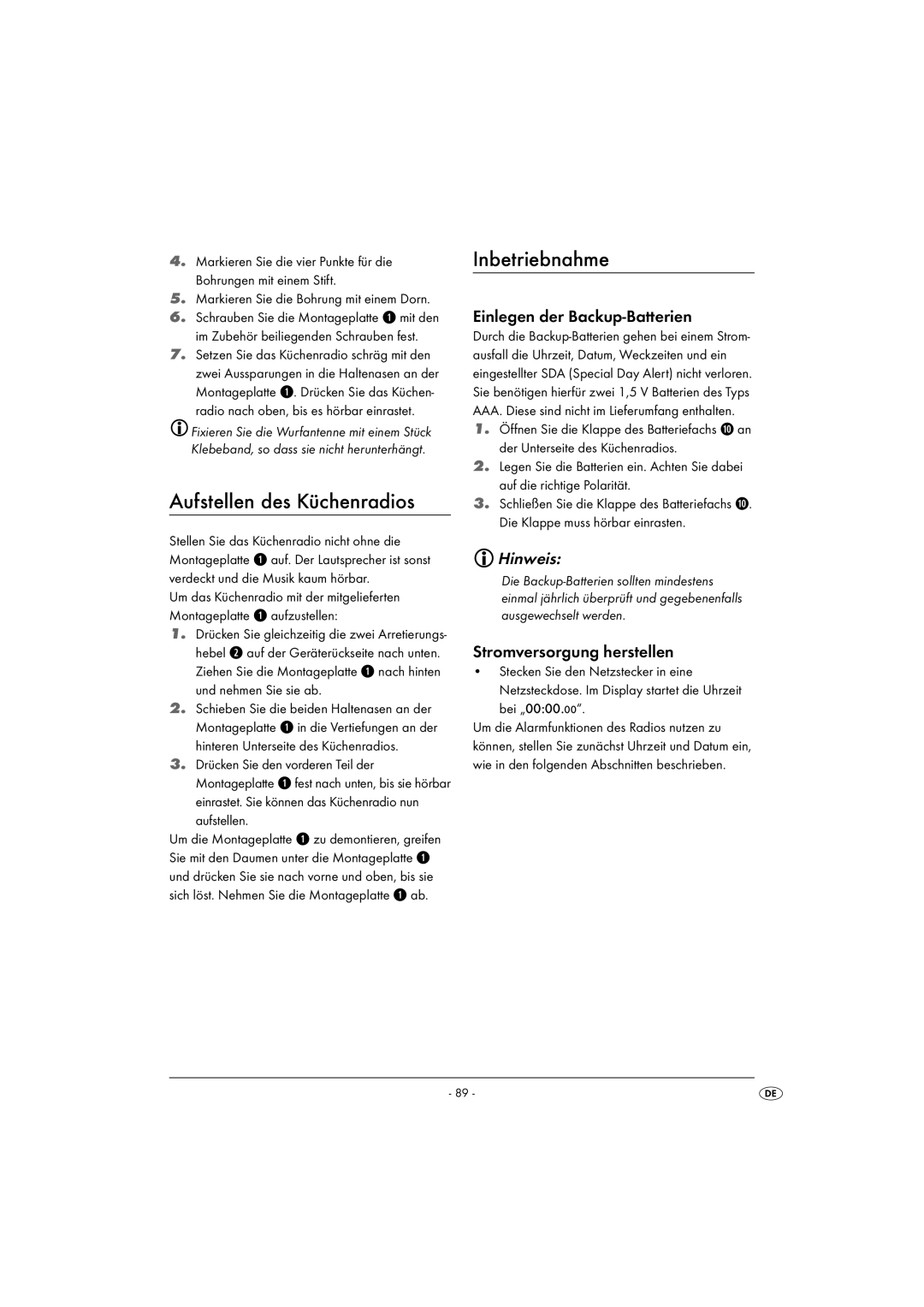 Silvercrest KH2281-07, KH2281-08-V1 Aufstellen des Küchenradios, Inbetriebnahme, Einlegen der Backup-Batterien 