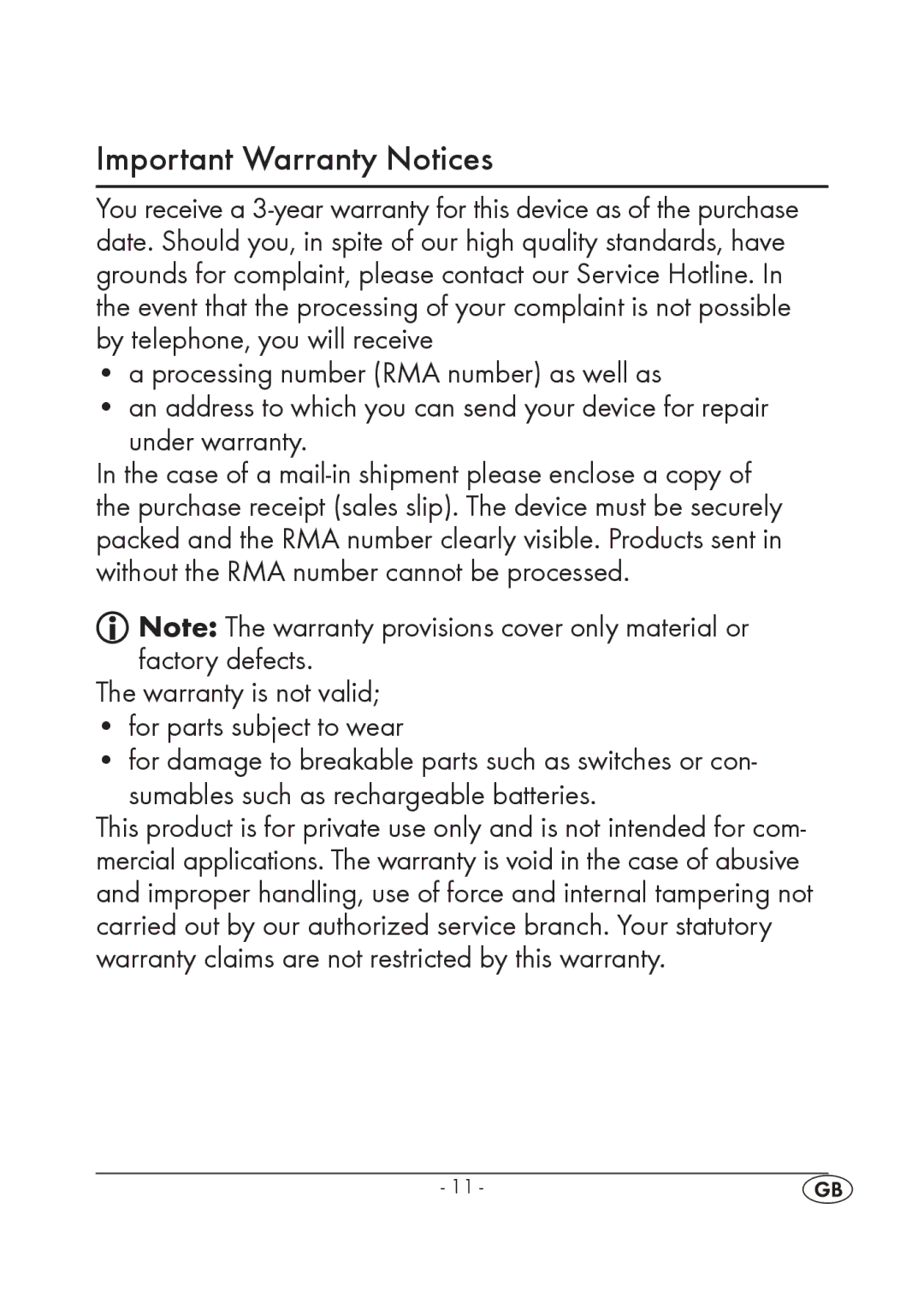 Silvercrest KH2351 instruction manual Important Warranty Notices, Processing number RMA number as well as, Under warranty 