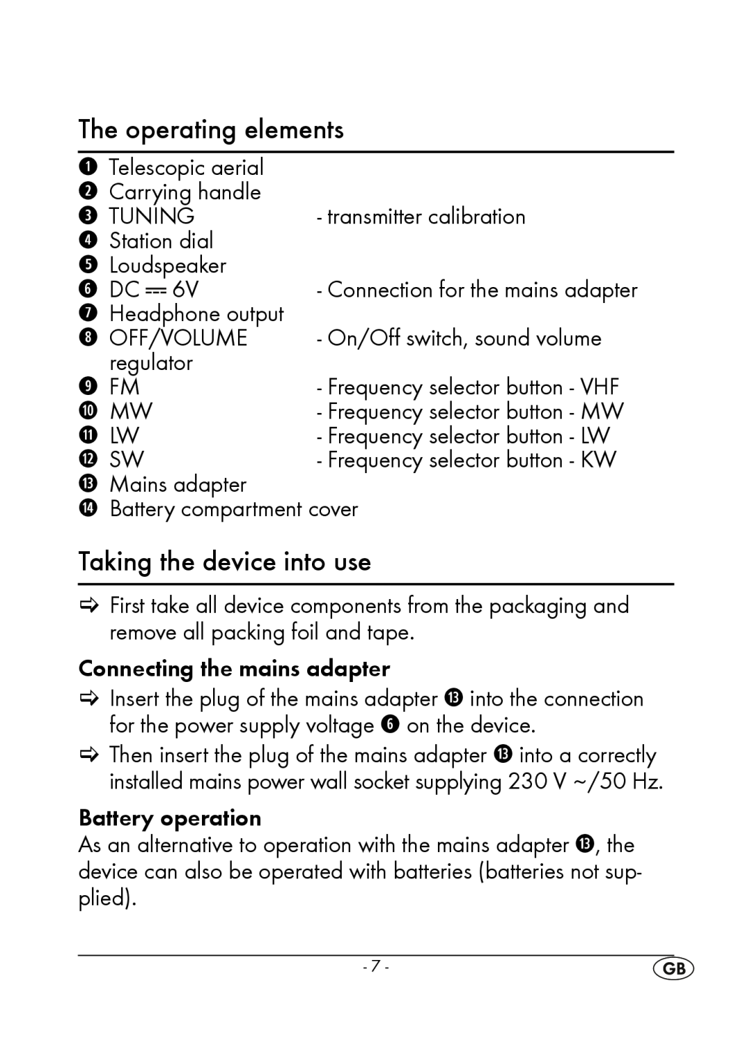 Silvercrest KH2351 instruction manual The operating elements, Taking the device into use, y DC, o FM, a MW, s LW, d SW 