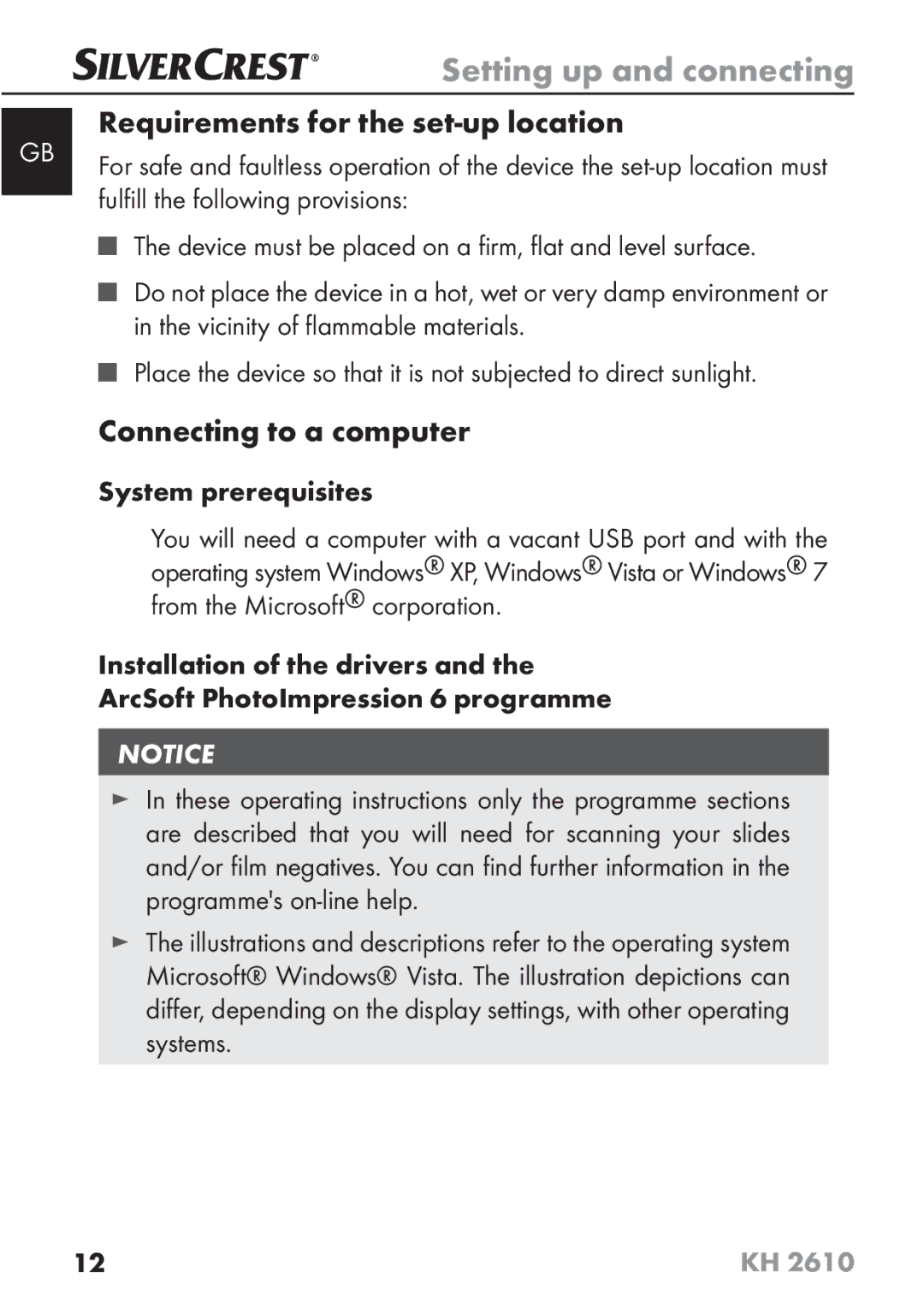 Silvercrest KH2610 08/2009-V3 operating instructions Requirements for the set-up location, Connecting to a computer 