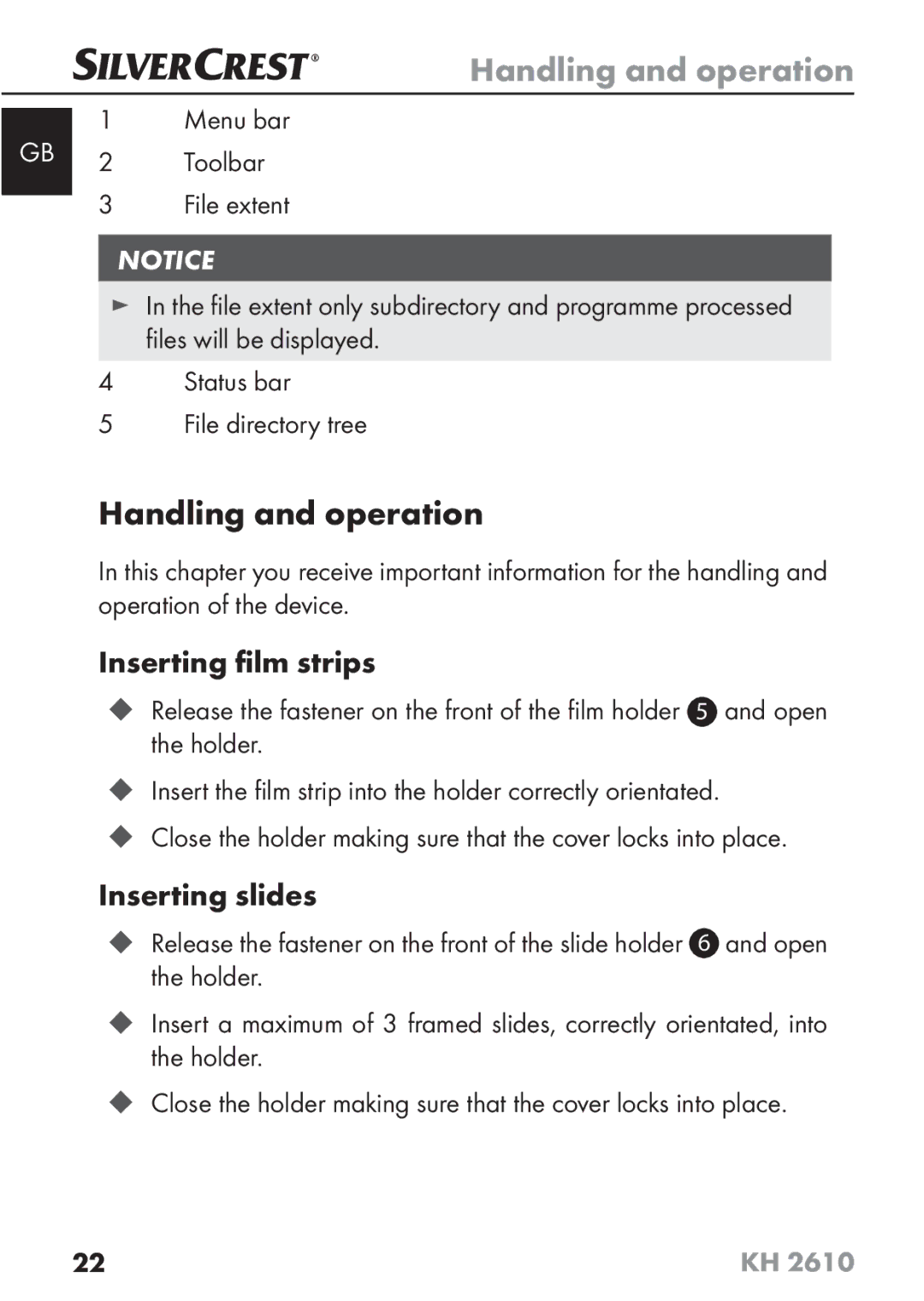 Silvercrest KH2610 08/2009-V3 operating instructions Handling and operation, Inserting ﬁlm strips, Inserting slides 