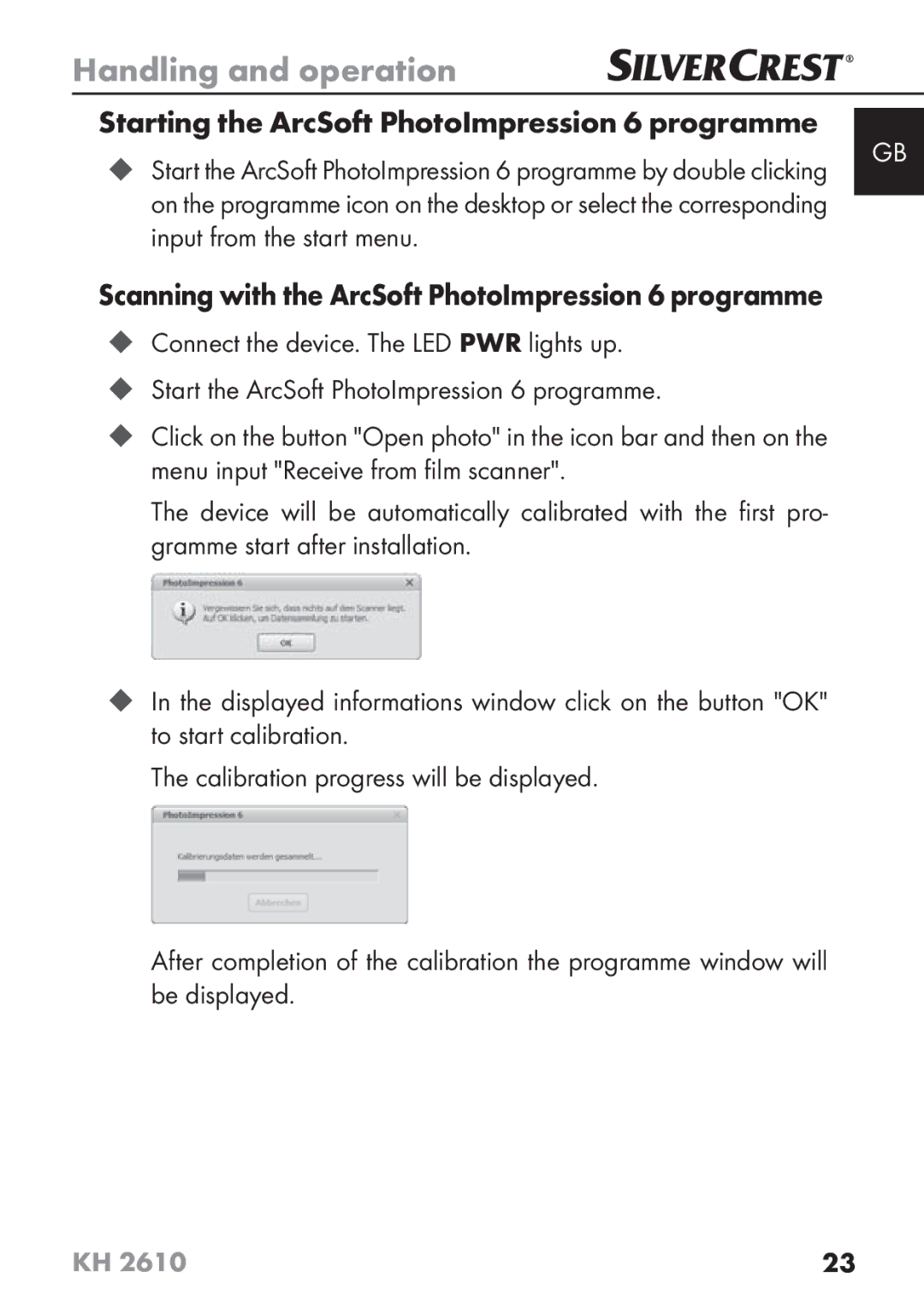 Silvercrest KH2610 08/2009-V3 operating instructions Starting the ArcSoft PhotoImpression 6 programme 