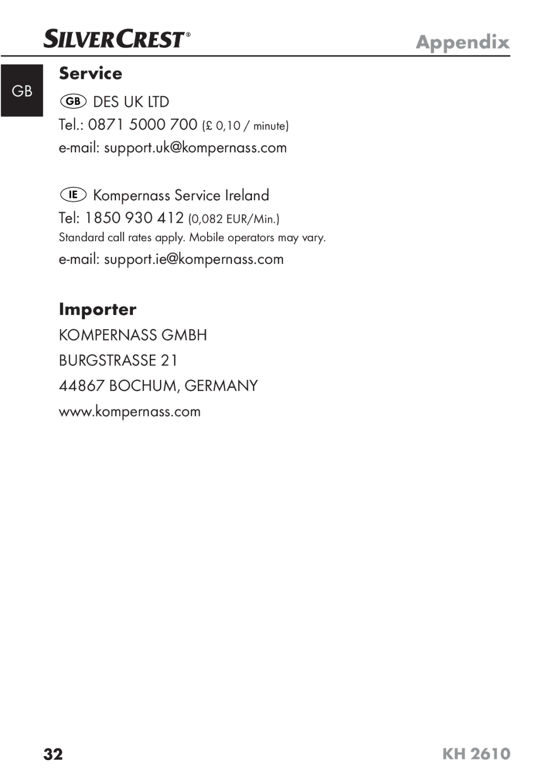 Silvercrest KH2610 08/2009-V3 operating instructions Service, Importer, Mail support.ie@kompernass.com 