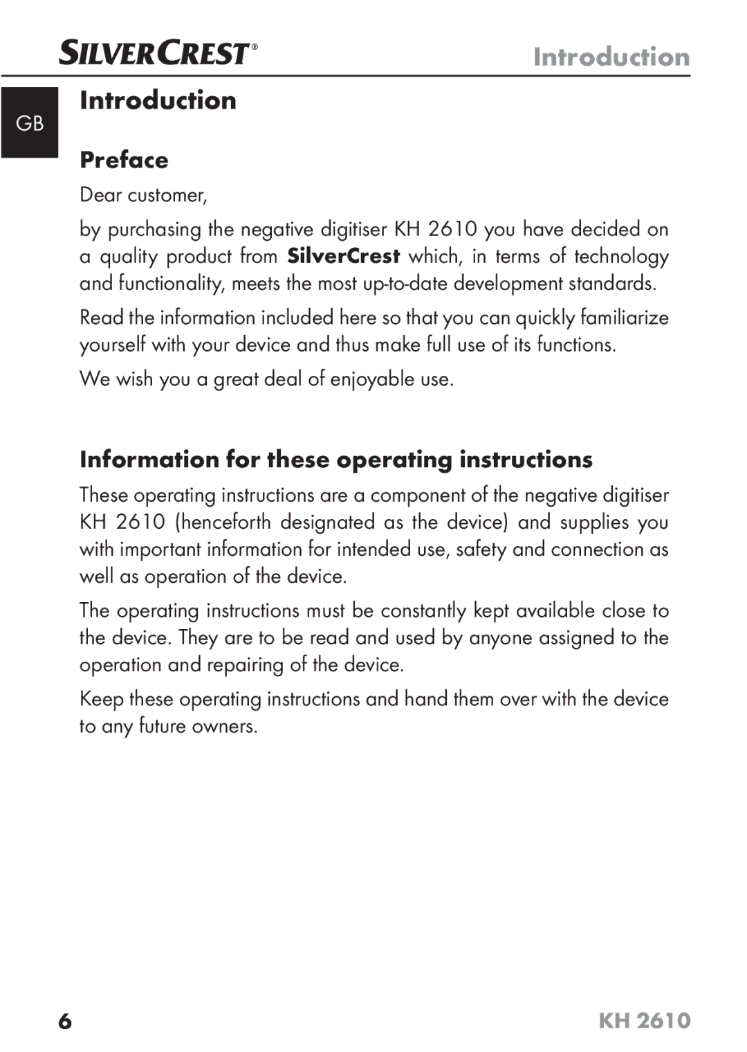 Silvercrest KH2610 08/2009-V3 Introduction, Preface, Information for these operating instructions 