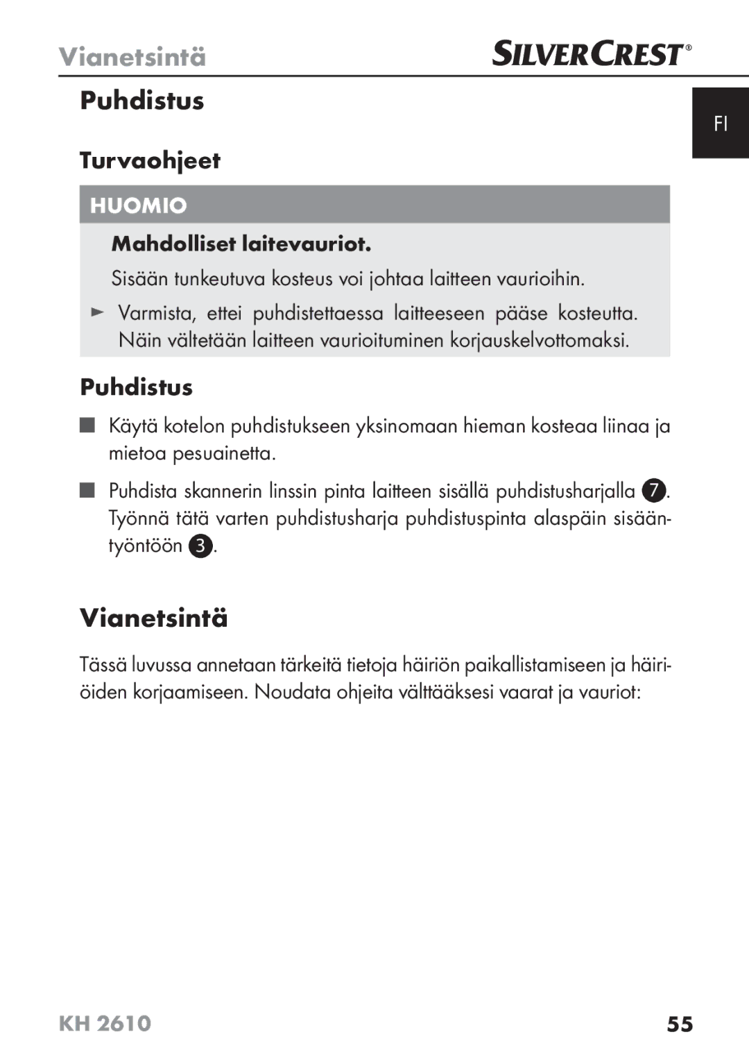 Silvercrest KH2610 08/2009-V3 operating instructions Vianetsintä, Puhdistus 