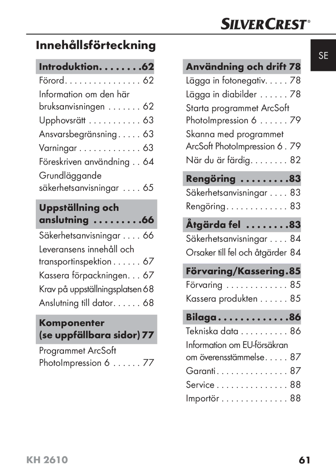 Silvercrest KH2610 08/2009-V3 Innehållsförteckning, Uppställning och, Komponenter Se uppfällbara sidor 