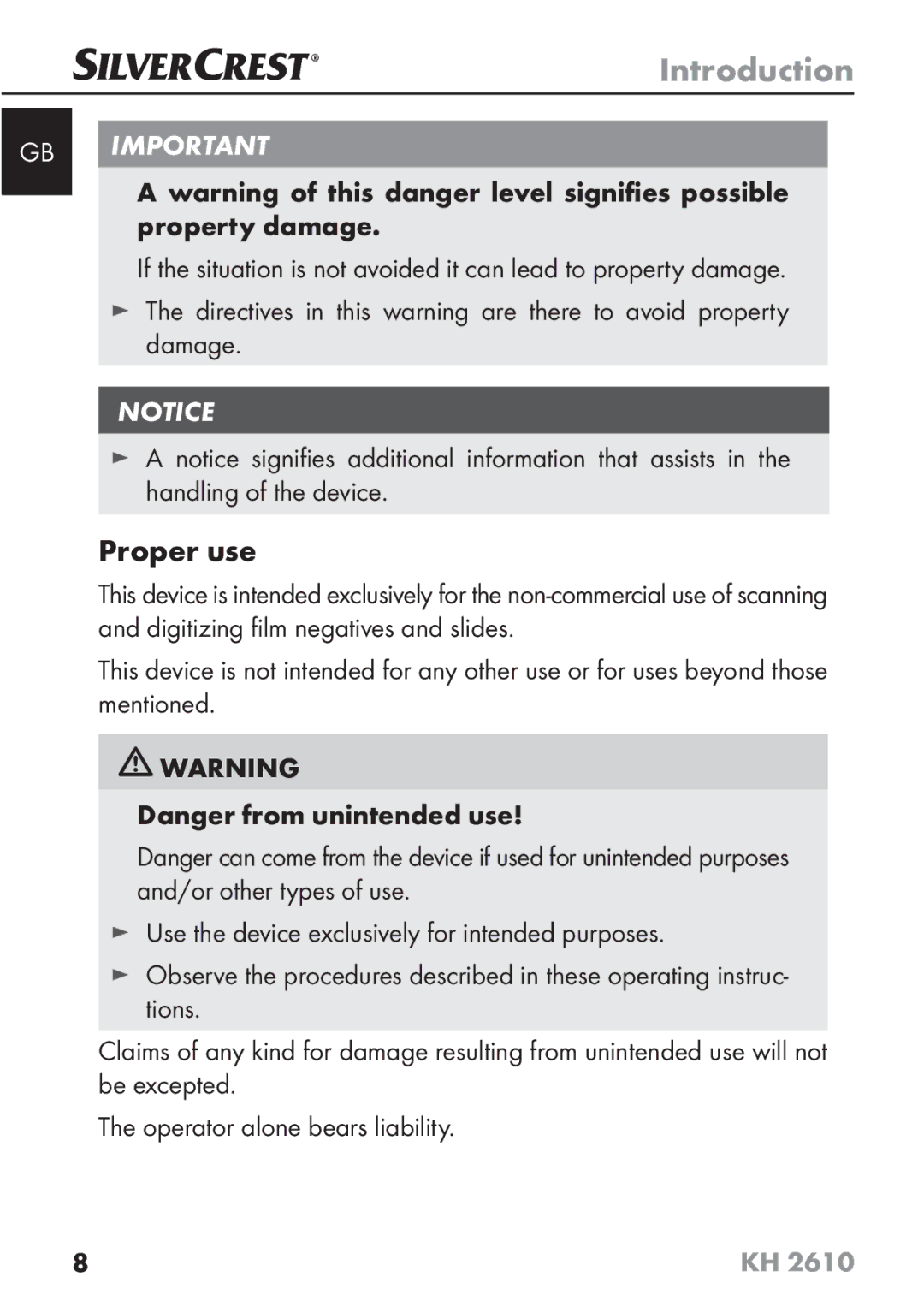 Silvercrest KH2610 08/2009-V3 operating instructions Proper use, GB Important 