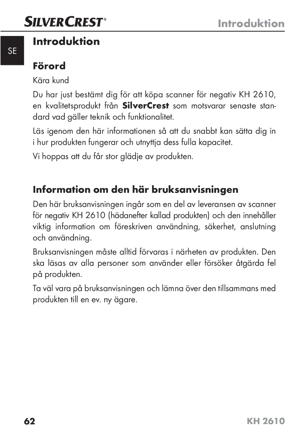 Silvercrest KH2610 08/2009-V3 operating instructions Introduktion, Förord, Information om den här bruksanvisningen 