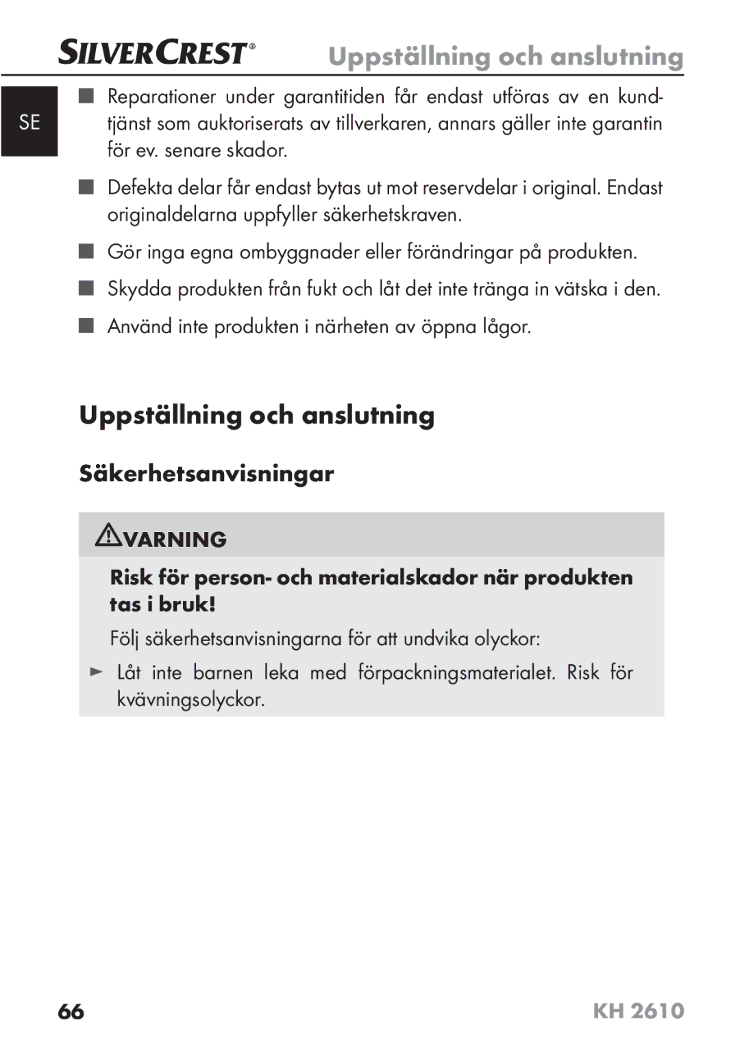 Silvercrest KH2610 08/2009-V3 operating instructions Uppställning och anslutning, Säkerhetsanvisningar 