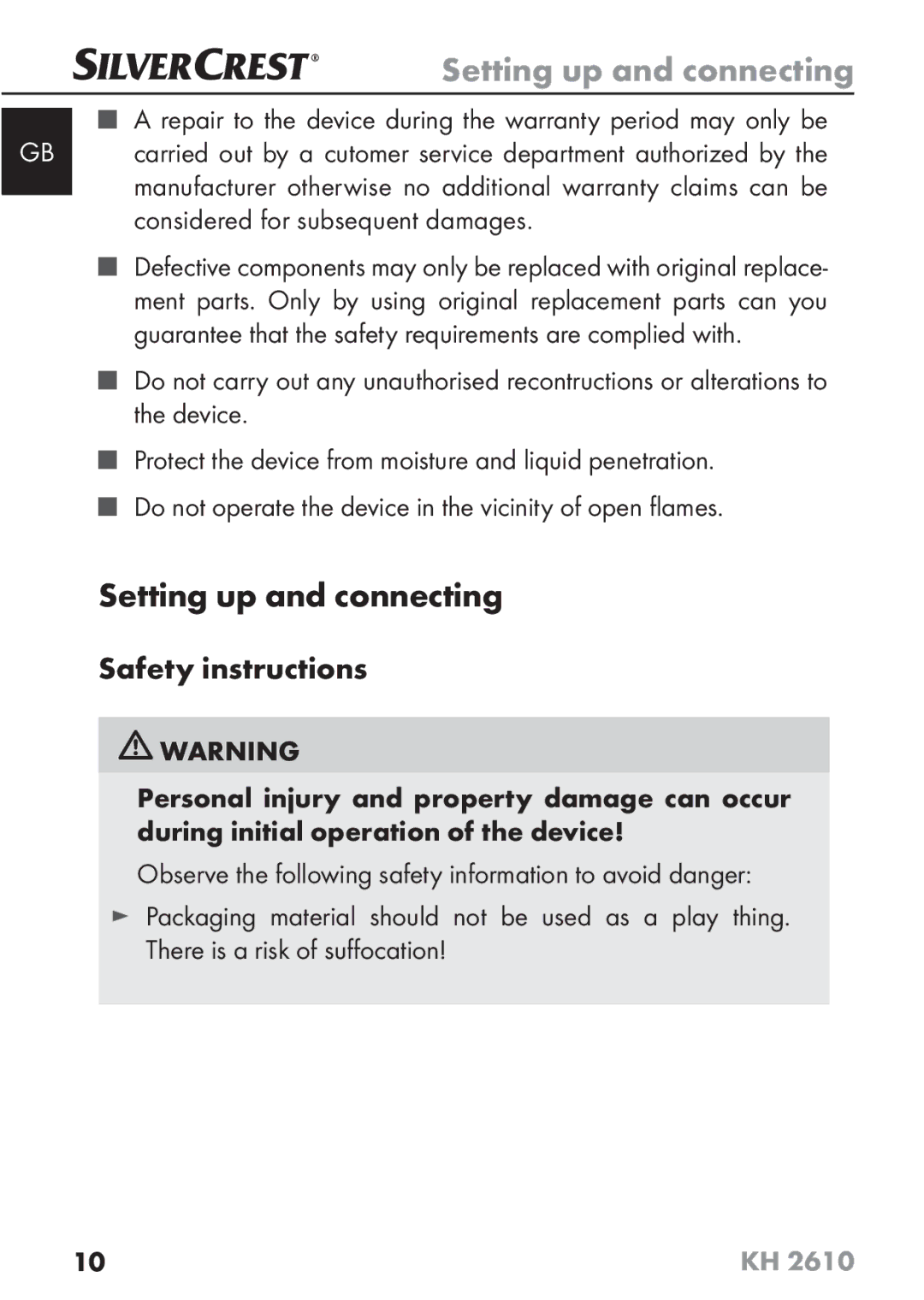 Silvercrest KH2610 08/2009-V3 Setting up and connecting, Safety instructions, Considered for subsequent damages 