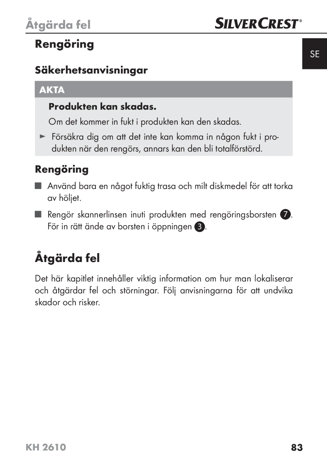 Silvercrest KH2610 08/2009-V3 operating instructions Åtgärda fel, Rengöring 