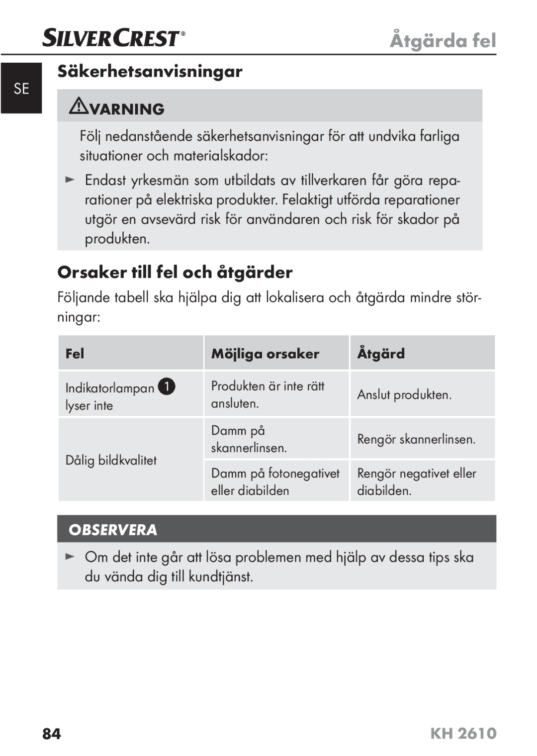 Silvercrest KH2610 08/2009-V3 operating instructions Orsaker till fel och åtgärder 