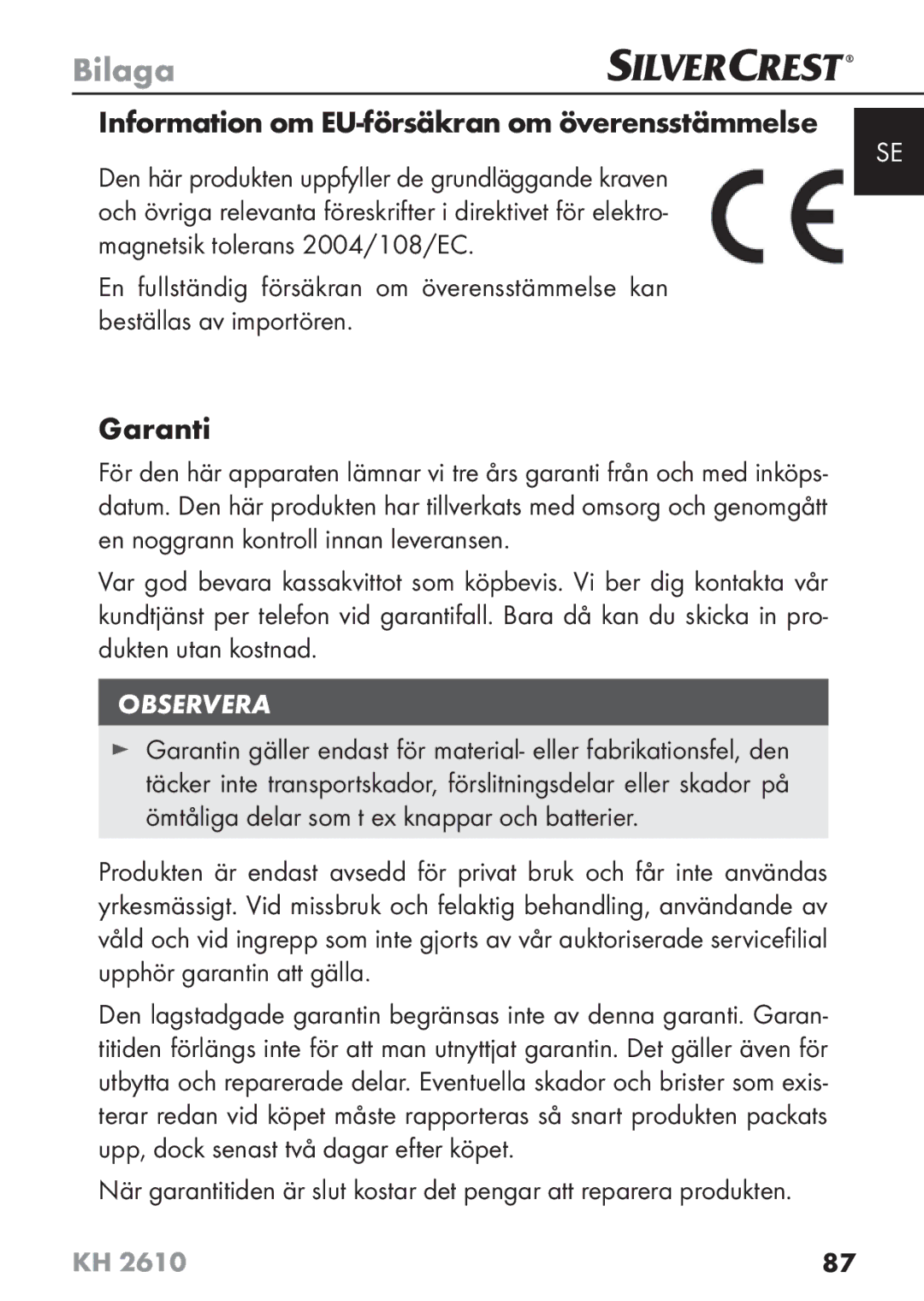 Silvercrest KH2610 08/2009-V3 operating instructions Information om EU-försäkran om överensstämmelse, Garanti 