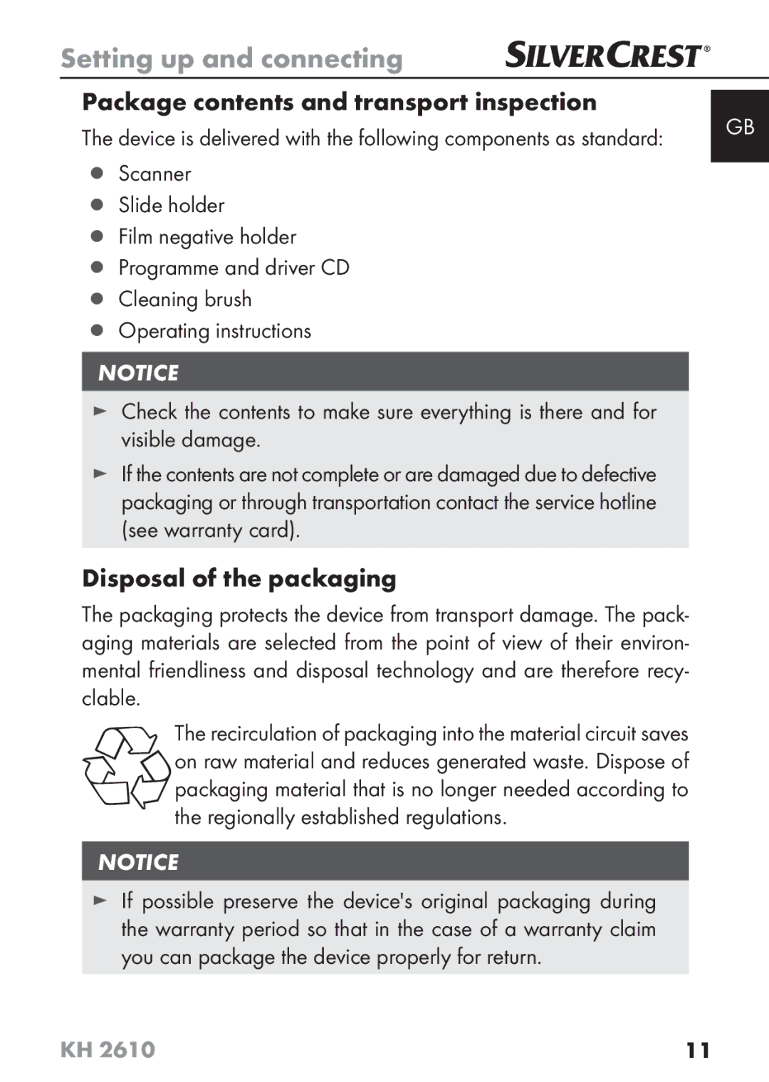 Silvercrest KH2610 08/2009-V3 operating instructions Package contents and transport inspection, Disposal of the packaging 