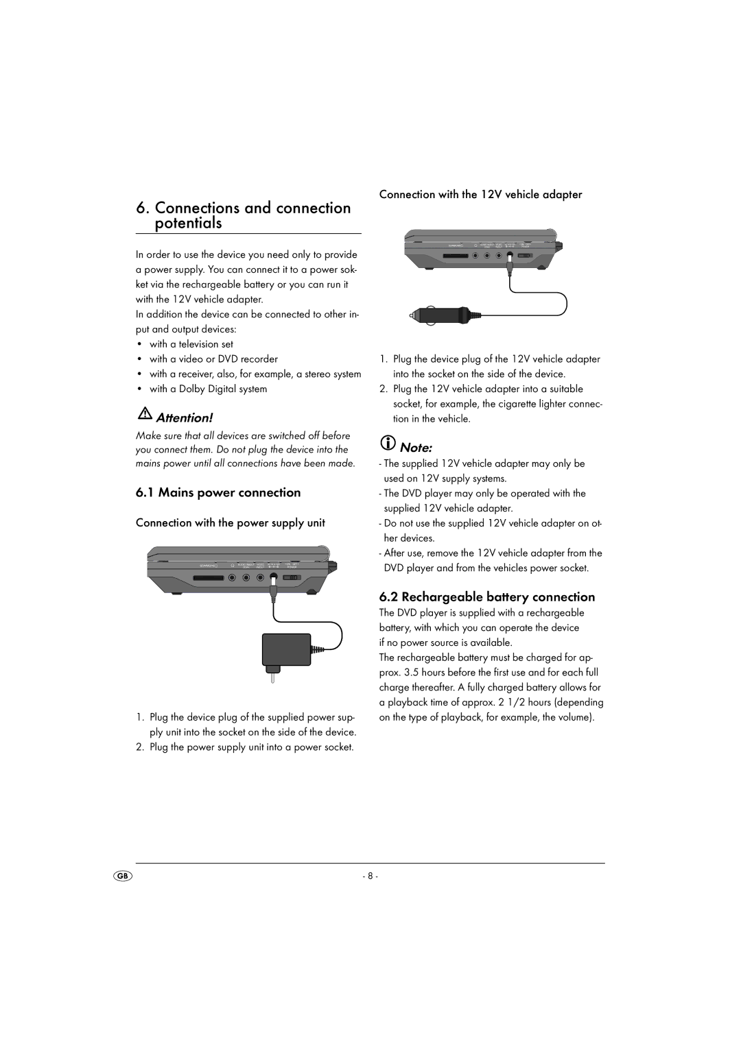 Silvercrest KH6500-06/08-V1 Connections and connection potentials, Mains power connection, Rechargeable battery connection 