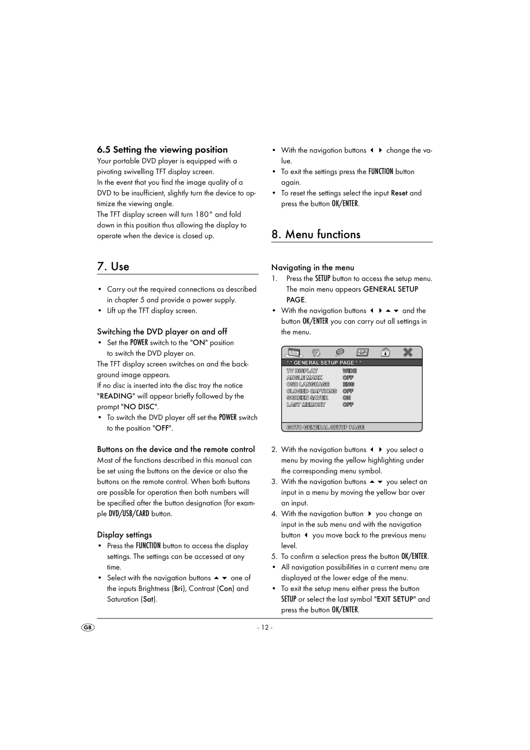 Silvercrest KH6500-06/08-V1 operating instructions Use, Menu functions, Setting the viewing position 