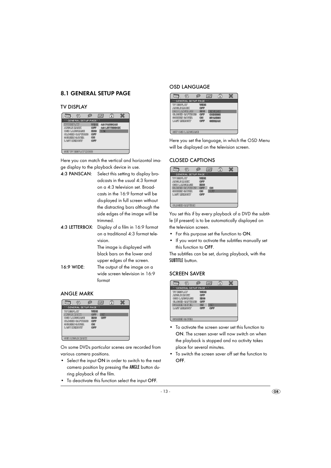 Silvercrest KH6500-06/08-V1 operating instructions TV Display, Angle Mark, OSD Language, Closed Captions, Screen Saver 