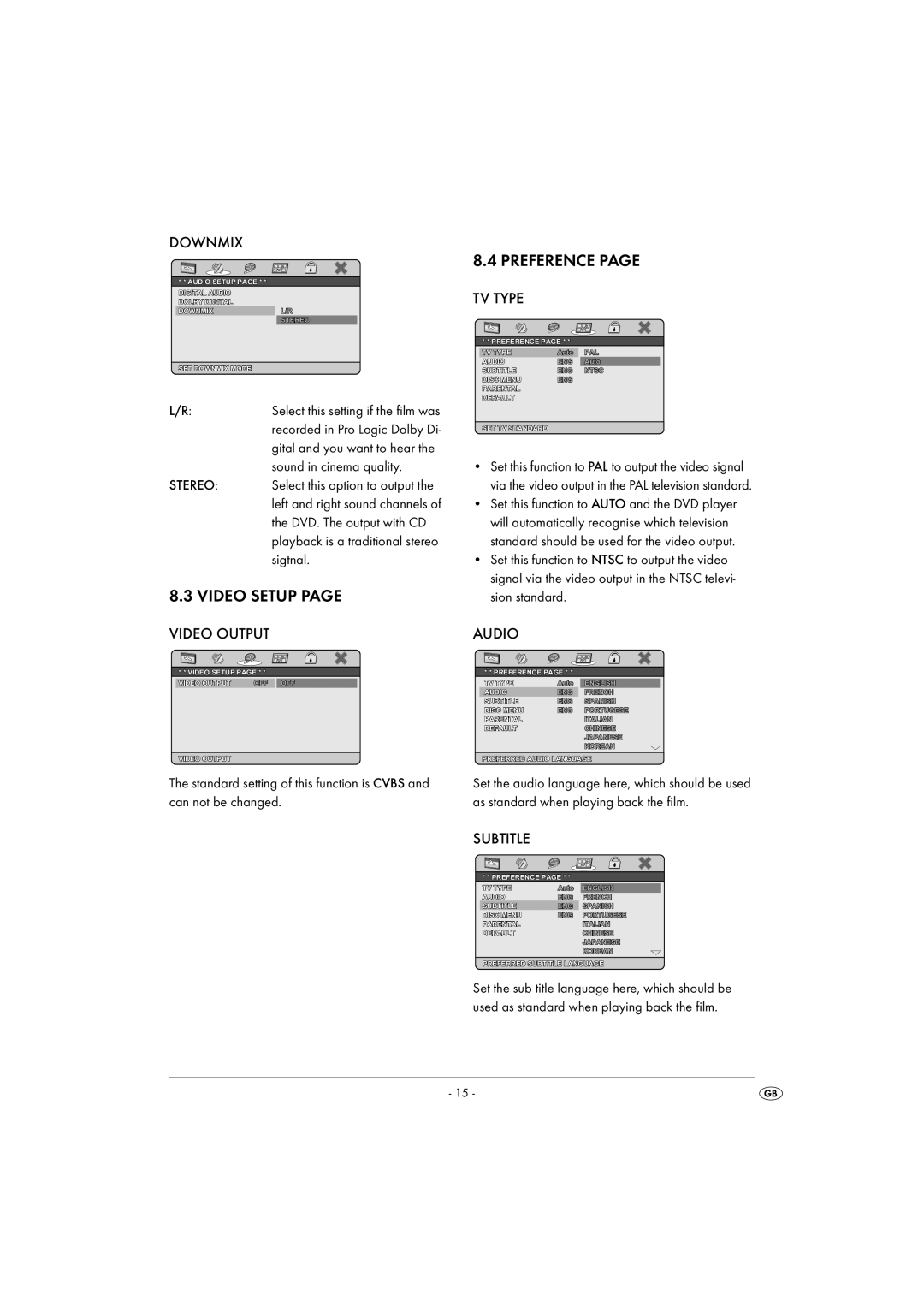 Silvercrest KH6500-06/08-V1 operating instructions Downmix, Video Output, TV Type, Audio, Subtitle 