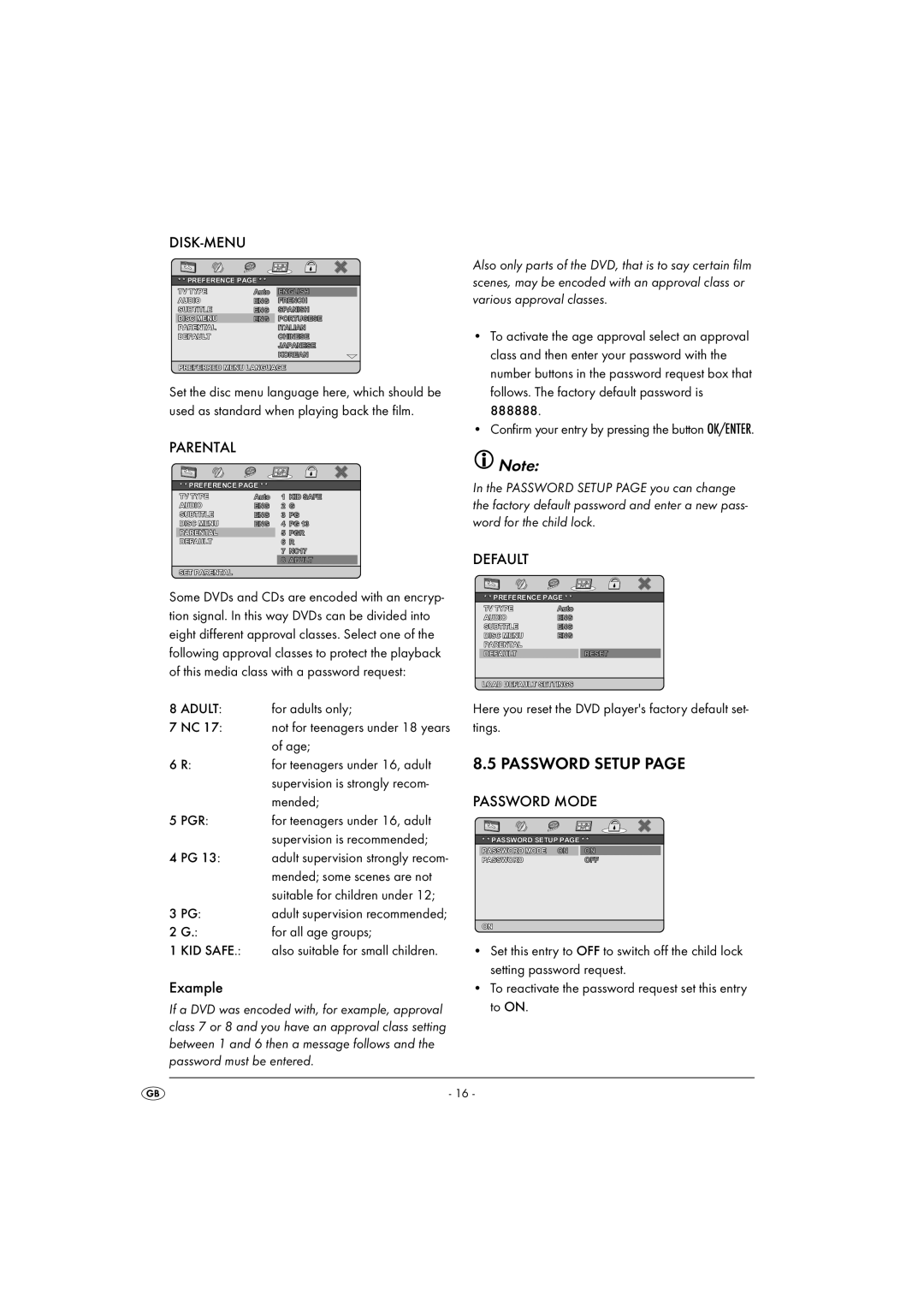 Silvercrest KH6500-06/08-V1 operating instructions Disk-Menu, Parental, Example, Default, Password Mode 