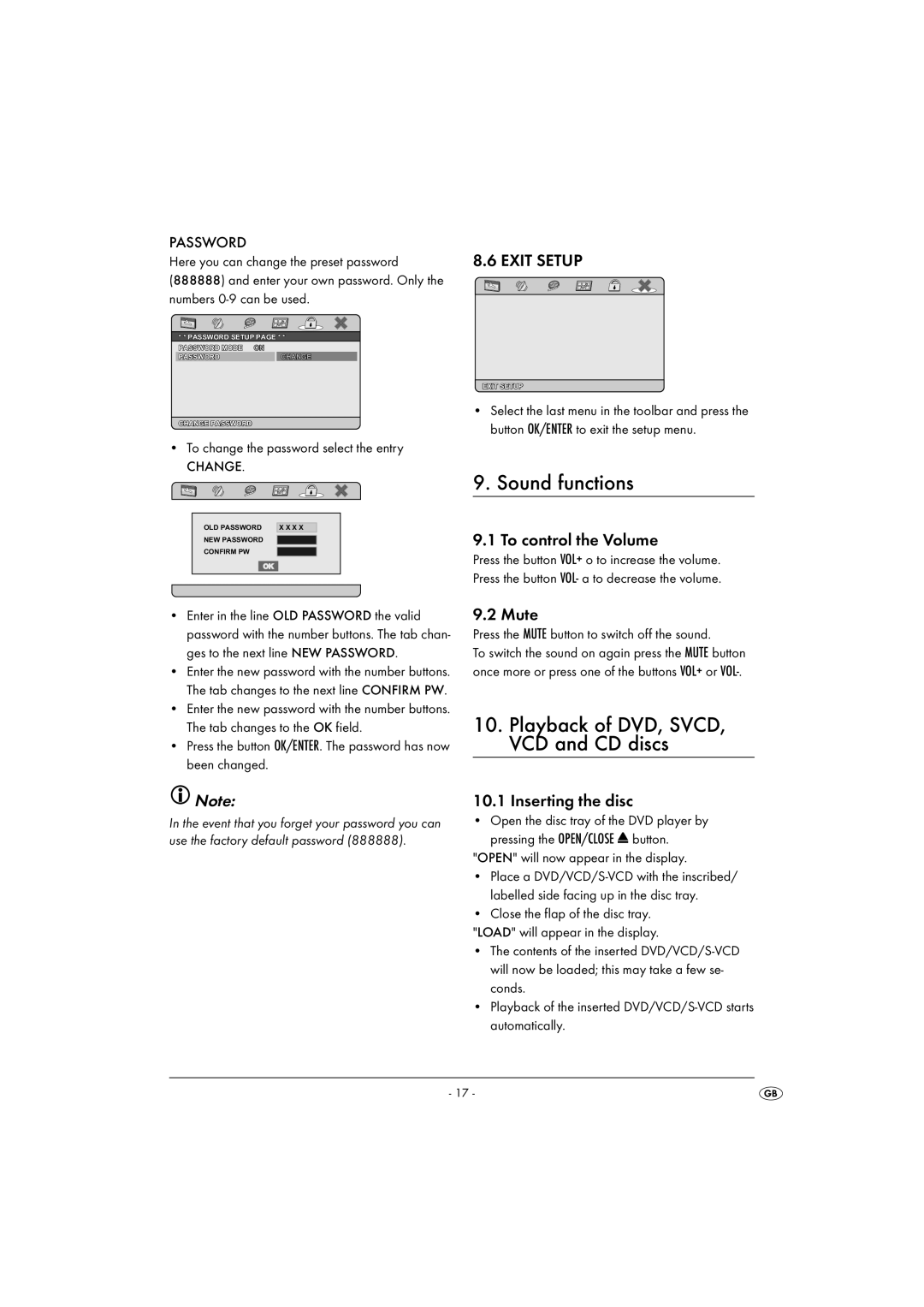 Silvercrest KH6500-06/08-V1 Sound functions, To control the Volume, Mute, Inserting the disc, Password 