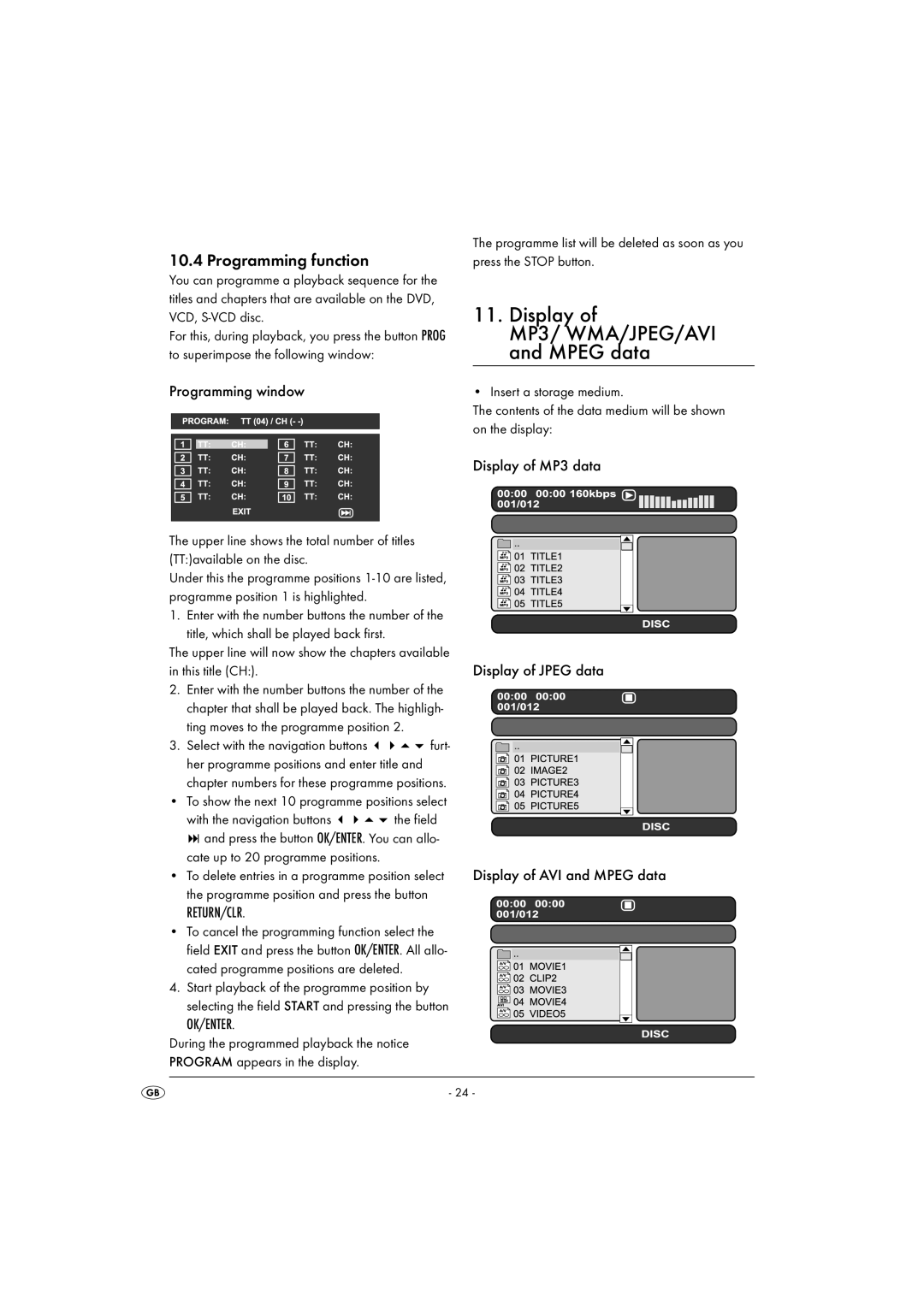 Silvercrest KH6500-06/08-V1 operating instructions Display, Mpeg data, Programming function, Ok/Enter 