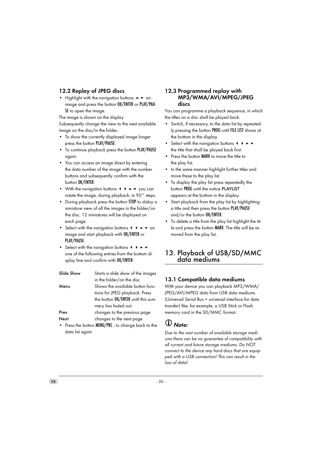 Silvercrest KH6500-06/08-V1 operating instructions Replay of Jpeg discs, Programmed replay with MP3/WMA/AVI/MPEG/JPEG Discs 