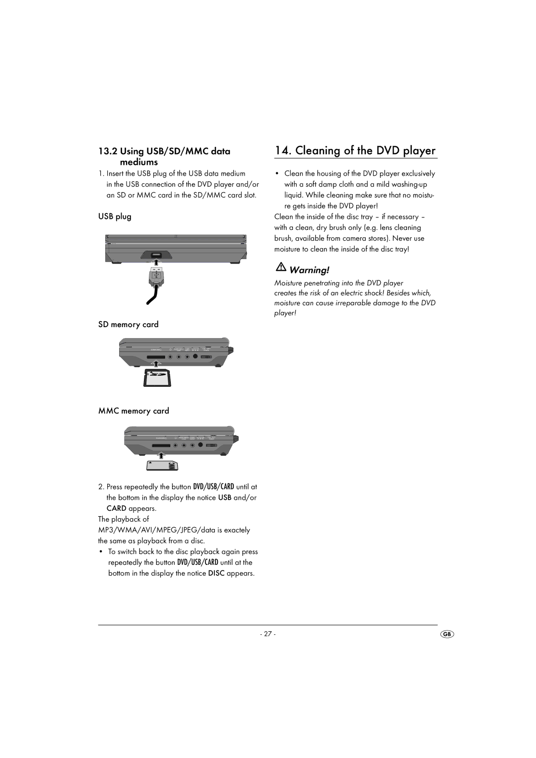 Silvercrest KH6500-06/08-V1 operating instructions Cleaning of the DVD player, Using USB/SD/MMC data mediums 