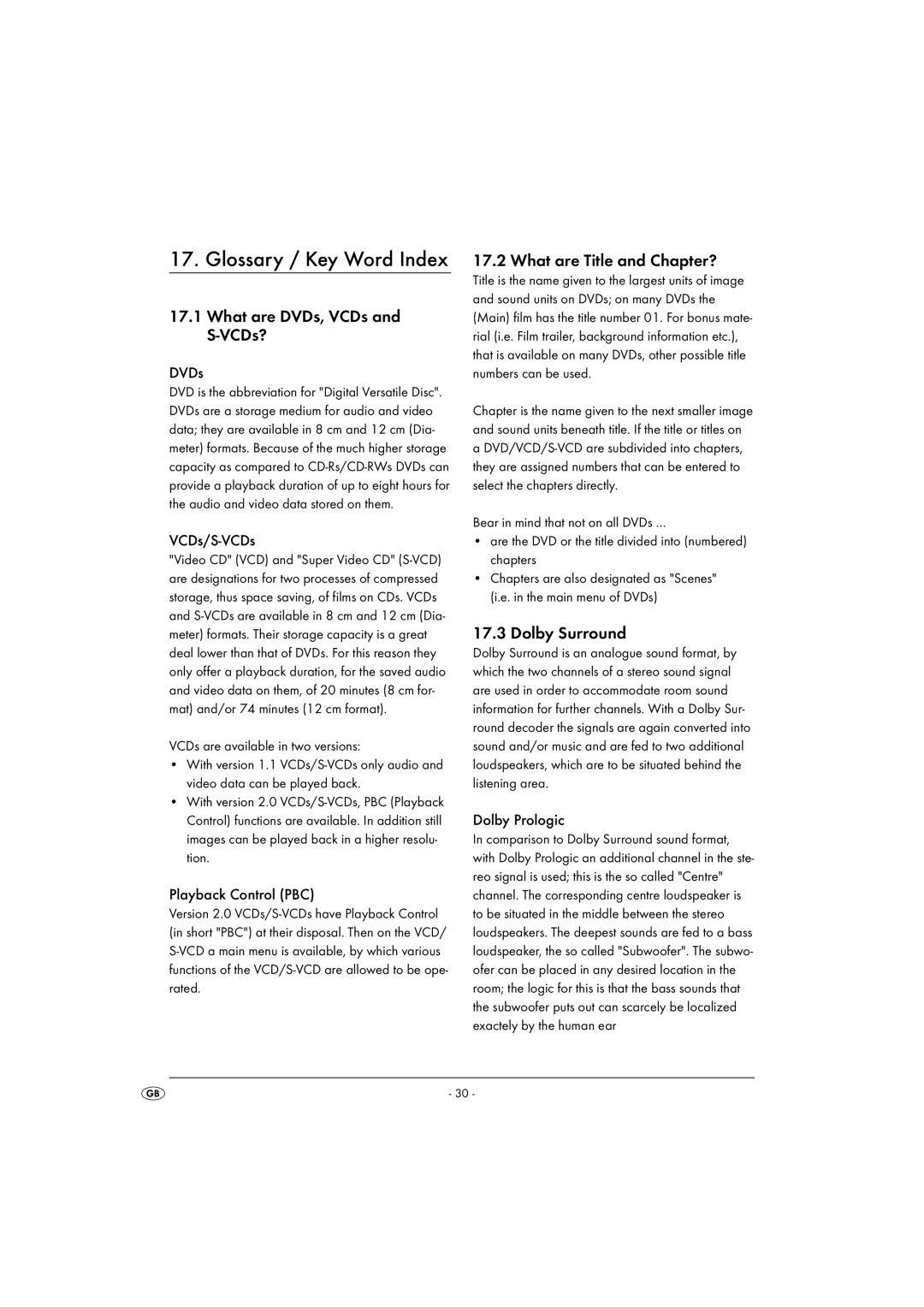 Silvercrest KH6500-06/08-V1 Glossary / Key Word Index, What are DVDs, VCDs and S-VCDs?, What are Title and Chapter? 